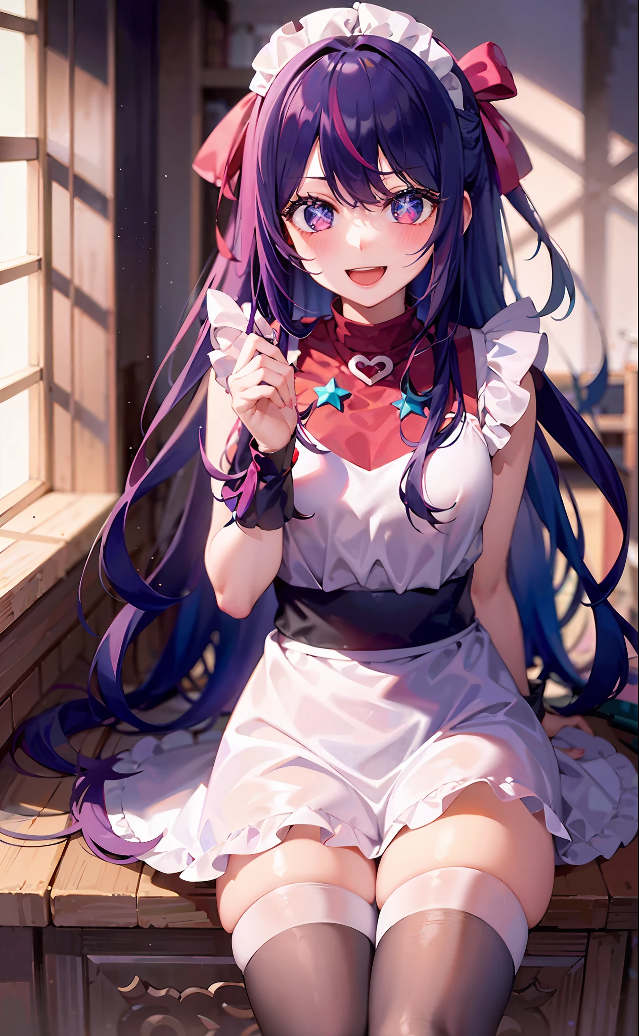 one-girl（（There is a five-pointed star in the eye））A girl with long purple hair，（（（Blushlush）））the maid outfit，white stockings，Smile，Open mouth，