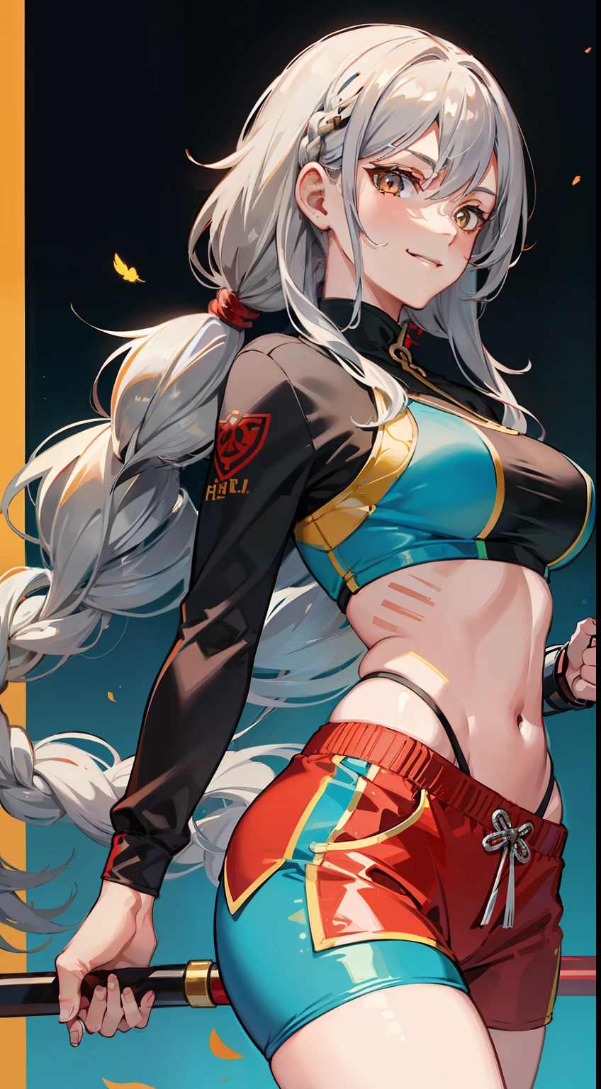 Adult woman, Gray hair in a long braid, golden eyes, sporty figure, Chinese turquoise top, Red Shorts, Tonfa, Tatoo, smirk, Masterpiece, hiquality