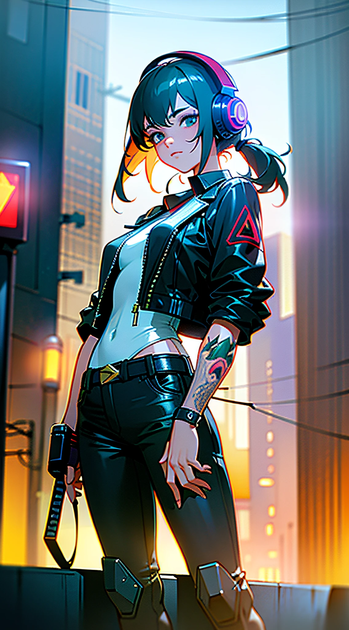 ompts
Copy
best quality, realistic, photorealistic, award-winning illustration, (intricate details:1.2), (delicate detailed), (intricate details), (cinematic light, best quality Backlights), clear line, sharp focus, official art, unity 8k wallpaper, absurdres, incredibly absurdres, huge filesize, ultra- (in_main_street:1.21), (neon lamp),fantasy art, rtx,((award winning studio closeup photo of a triangle)), 1boy,half body,(Full tattoo),(closed mouth),small breasts,((Cyberpunk city Street, Battle Maiden,Katana, robot arm)),(Cyberpunk blouse, leather jacket, Martin boots),(headphones_around_neck),(headphones_around_hair)