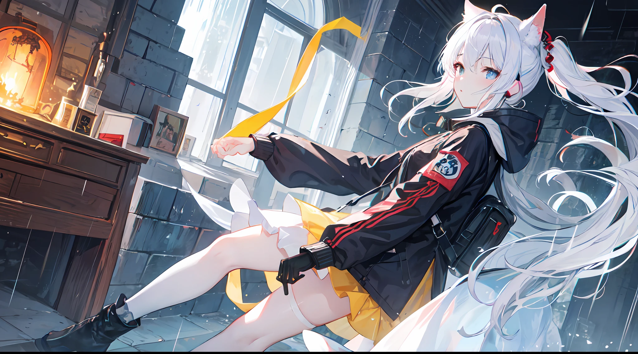 ((high qulity)), ((tmasterpiece)), 8K, Kizi, bulletproof vest, llight rays, Extremely detailed CG unifies 8K, 8K, Diamond, and wallpaper, GameCG, looking at viewert, mitts, Boots, full bodyesbian, Wrist watch, Computer,Masks,UAVs,handheldweapons,Earphone,jaket,Bao,backpacks,Ark of tomorrow style,Black and white blend trench coat,围巾,with short white hair,Issuing,The sword,yellow armband,Yellow band,Black strap,blue stripe,red color eyes,The sword,Firearms,Straighten your hair with both hands,Detailed hands,detailed back ground,detailed face with,A masterpiece of the Rhode Island Bridge,(best qualtiy:1.2),(super-fine:1.2),illustratio,(Extremely refined and beautiful:1.2),Movie Angle,floatking,(beatiful detailed eyes:1.1),(Detail light:1.1),电影灯光,Exquisite sky,woman,whaite hair,eBlue eyes,(high ponytails:1.1),cloaks,glowing light eyes,(themoon:1.2),(rays of moonlight:1.1),starrysky,(Light particles:1.1),Mist,Snow painting,full bloom,废墟,little bit of raining,,Earphone,White cat ears,Rained,Rain drops,Black hairpin,yellow armband,Blue sea,White tights,white stockings,城市,karo