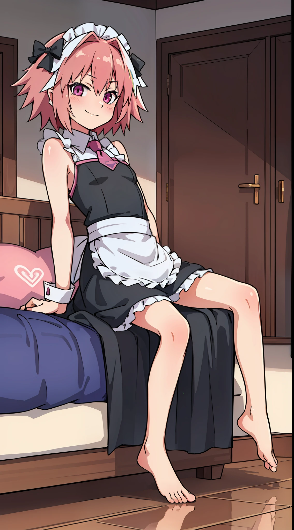 hiquality, tmasterpiece (One guy Astolfo, housemaid) Cute smiling face, maid outfit, bare feet. In the background of the room.