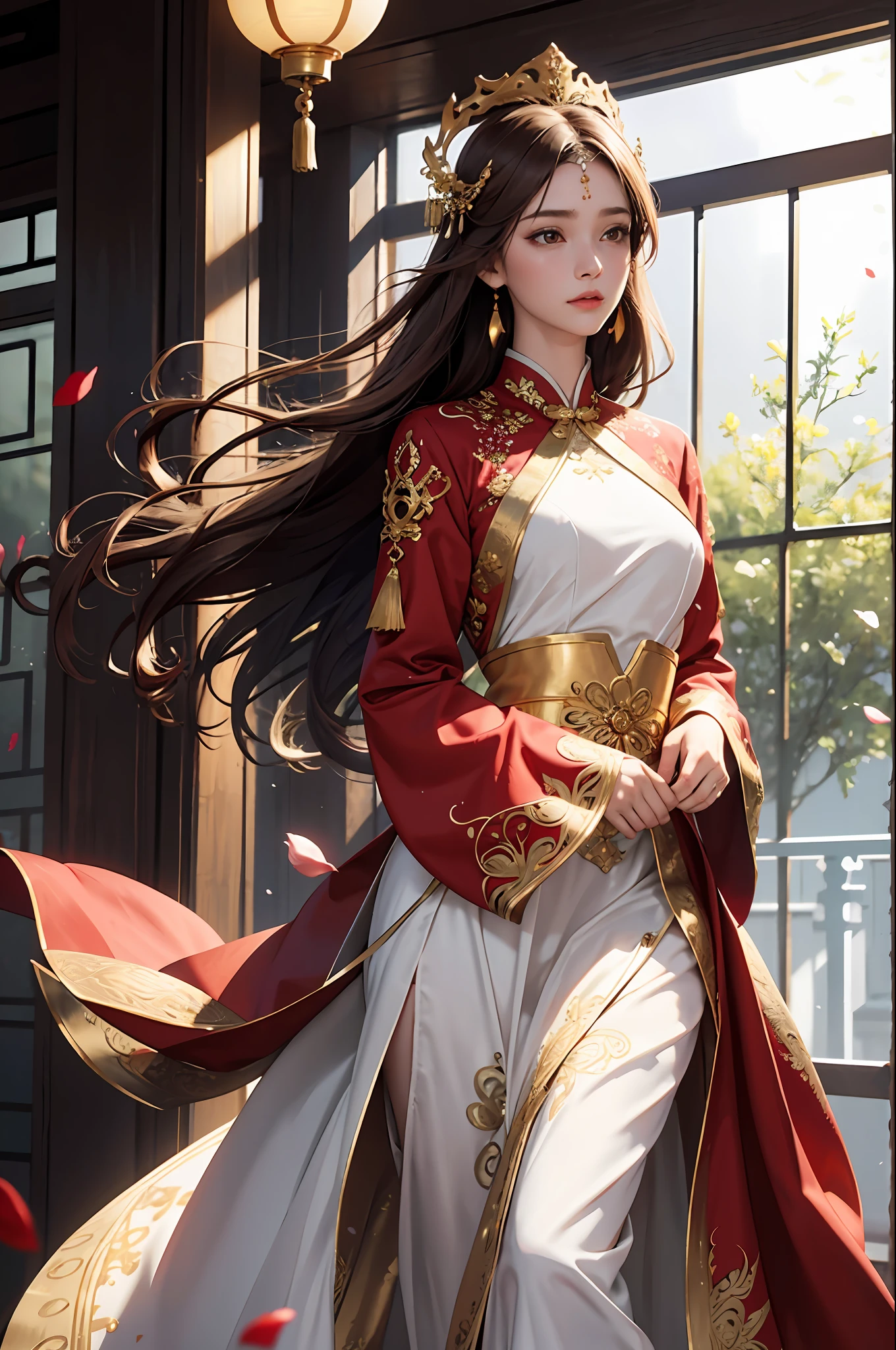 best quality, masterpiece, highres, (exquisite body:1.5),gorgeous face,(milky skin:1.3),intricate details,high resolution,wallpaper,
1girl, solo, dress, hair ornament, (((gold and red dress))), flowers, long hair, brown hair, closed mouth, jewelry, long sleeves, hand up, wide sleeves, big eyes,floating hair, chinese clothes, hanfu, embroidery, long skirt, natural pose, falling petals, indoor,fanning, lantern,
16K,HDR,highres,depth field,(film grain:1.1),boken,golden hour,(lens flare),vignette,rainbowing,(color grading:1.5)