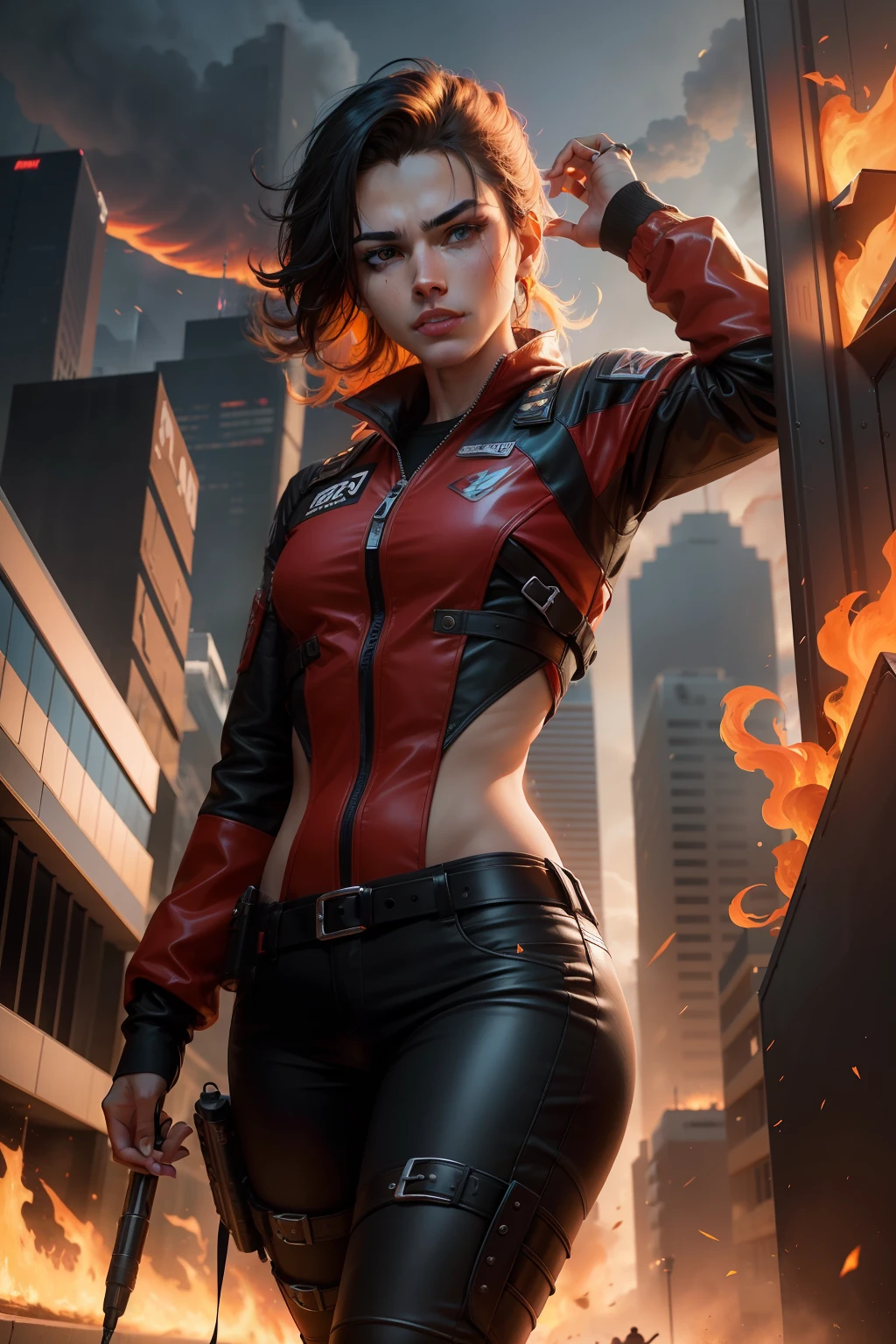 Create a new agent called 'Pyrojet' which is a dangerous combination of fire and agility, fundindo os estilos e personalidades de Jett e Phoenix, tornando-o o derradeiro guerreiro em ((VALORANT)), Adagas de fogo pelo cenario.