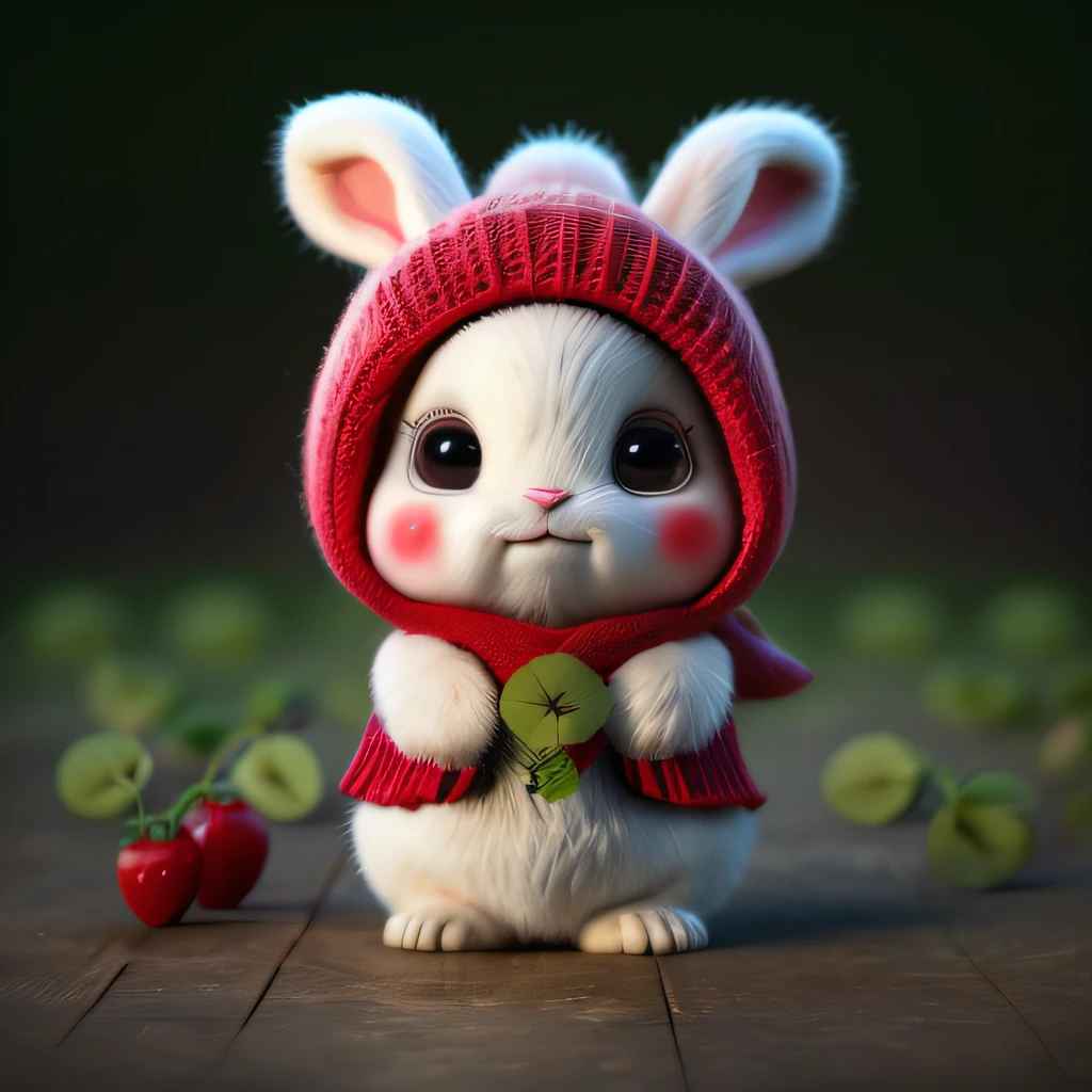 : 3. Rabbit, realistic, hairy, clothed animal, apple, dark circles, blush, cherry, food, fruit, full body, hat, non-human, strawberry, tomato, watermelon