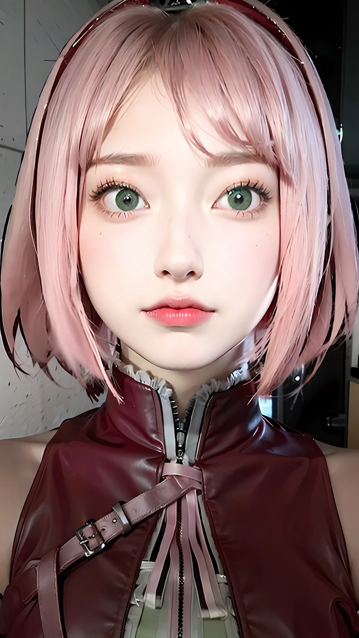 1girl, haruno sakura, pink hair, green eyes, short hair, red clothes, big breasts, realistic, ultra detail, indoor background