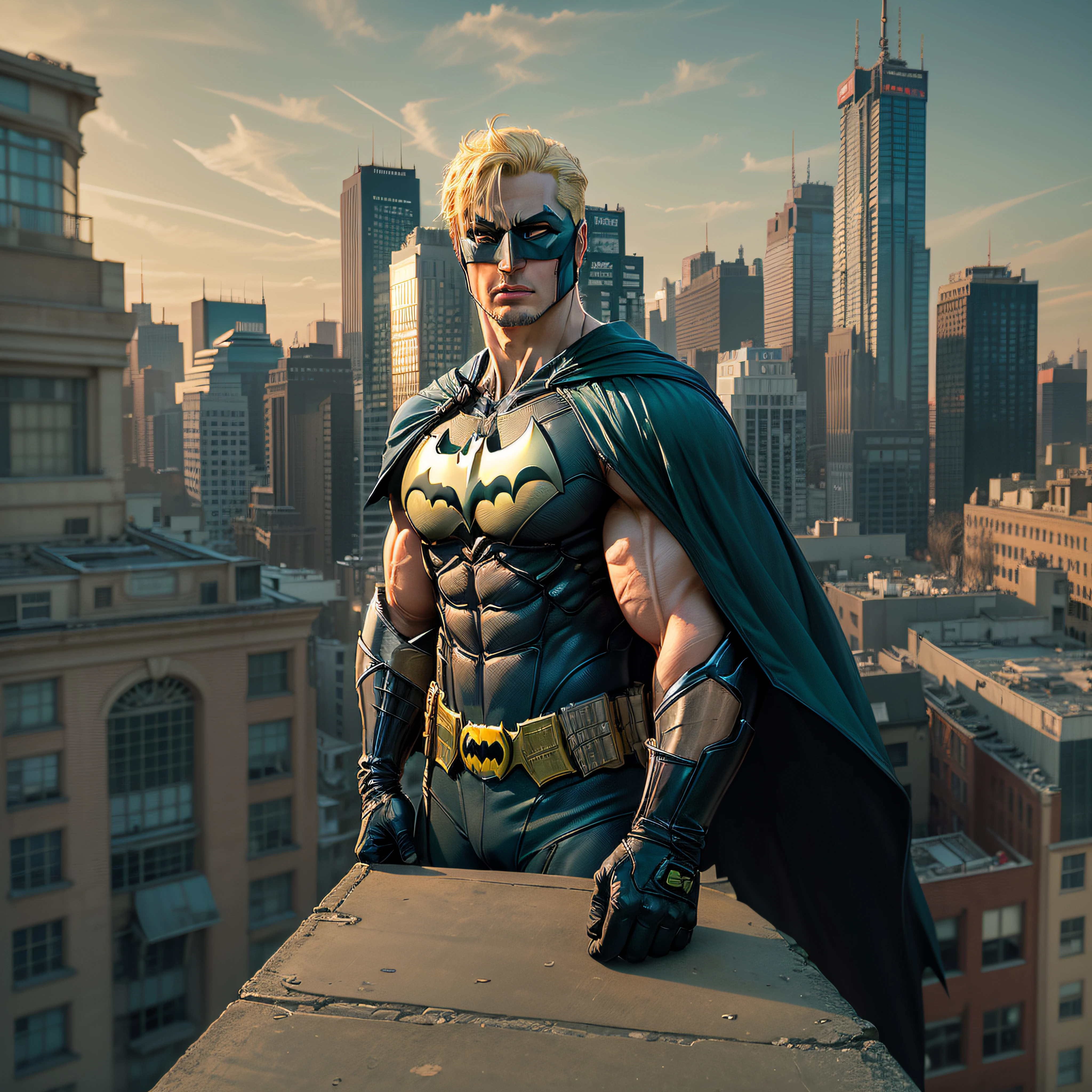high quality, 1man, (((handsome blonde american Ken as Batman dilf))), (((blue eyes))) (((on the top of a building))) (((no facial hair)))