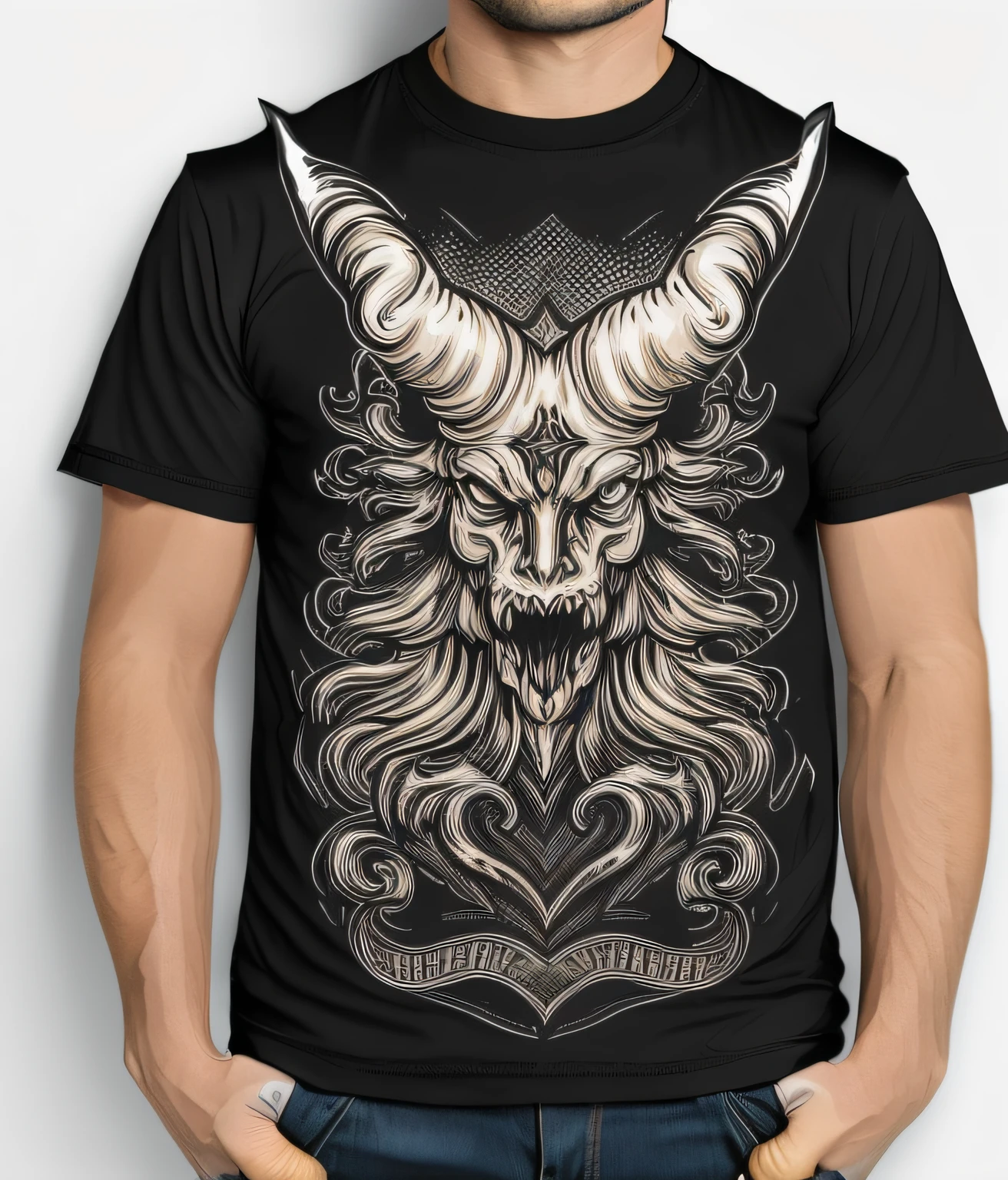 "(High-quality t-shirt design:1.5) Detailed linework of Baphomet demon, featuring intricate details and shading: a true masterpiece."