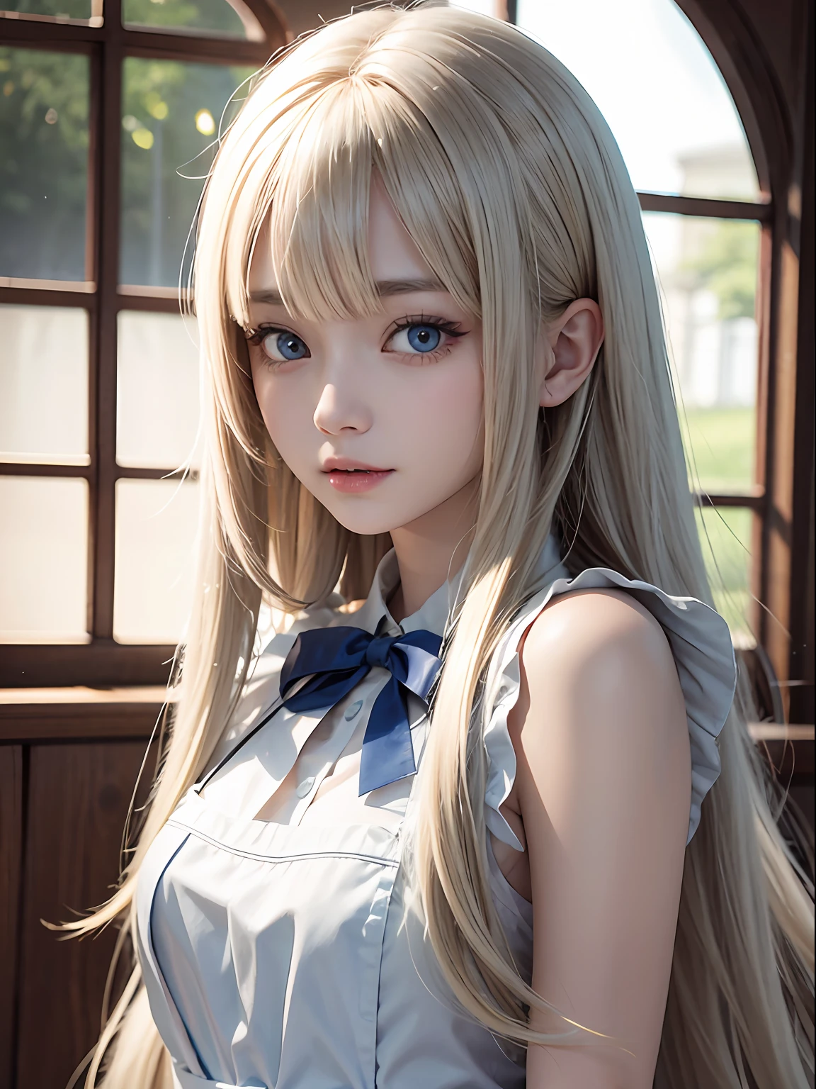 bright expression、photorealisim、top-quality、超A high resolution、a picture、Photo of an exquisitely beautiful Nordic-born girl、Extraordinary beautiful girl、Detailed cute and beautiful face、(pureerosface_v1:0.008)、Beautiful bangs、alice in the wonderland、18year old、Glowing white shiny skin、facial hairs、Bangs that extend to the face、Bangs between the eyes、Super long hair、Attractive light and dark platinum blonde super long straight silky hair、finer hair、Attractive glowing beautiful bright clear light blue big eyes、White Apron、Yellow dress、eye liner、Double eyelids、Lush bust