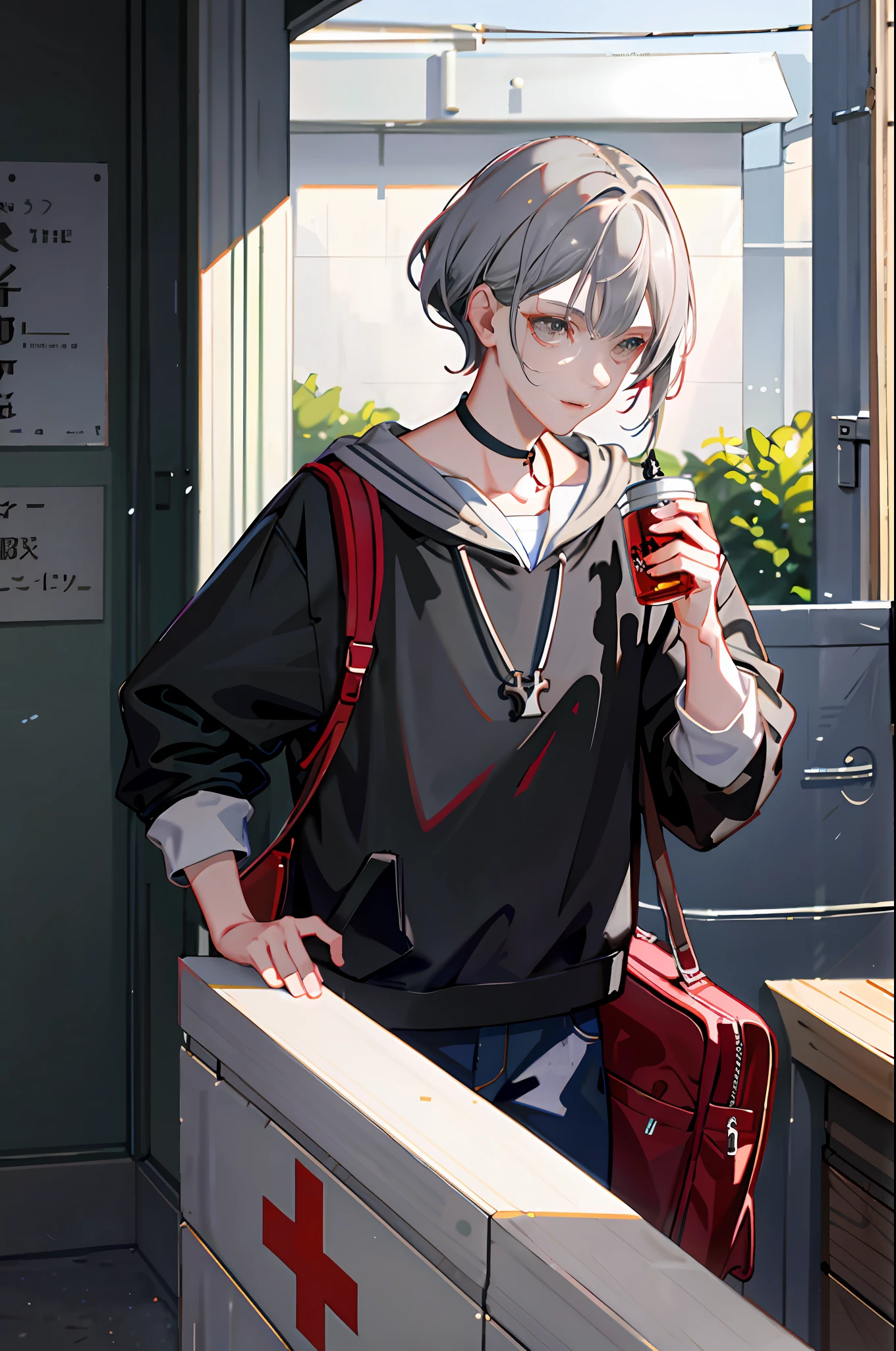 Delicate facial features，Gray hair trend，Red earrings，gyuru，Outerwear school bag，college aged，Boy student，Young and beautiful，ArtStation Trends，8K分辨率，Detailed anatomical images，digitial painting，concept-art，Pixiv fashion trends，Estilo de Makoto Shinkai。white backgrounid