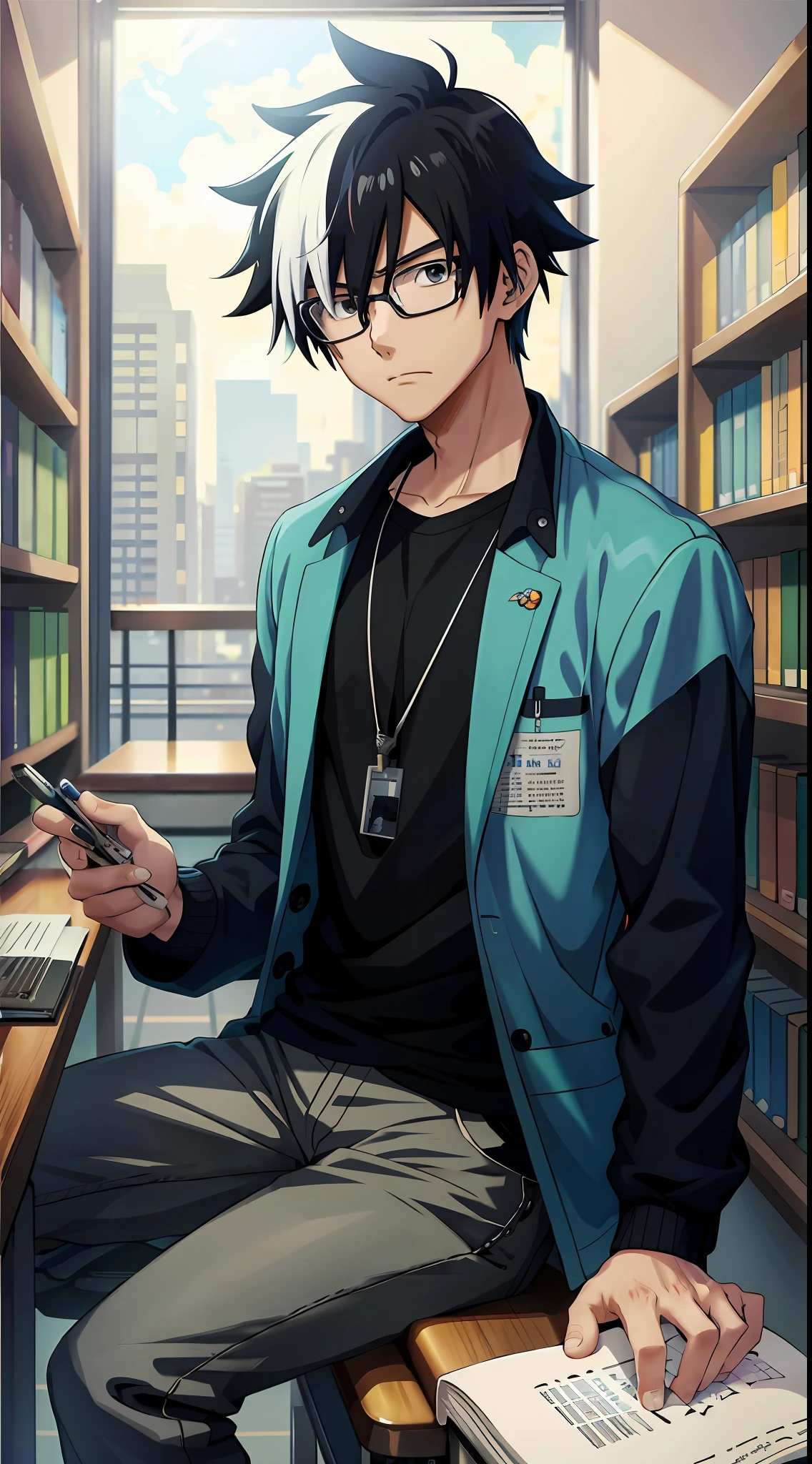 1man, Anime boy, multicolored hair, straight hair, black shirt, jacket, looking at the camera, glasses, inspired by makoto shinkai, makoto shinkai style artwork, drawn in Anime Painter Studio, sit, library, looking at viewer