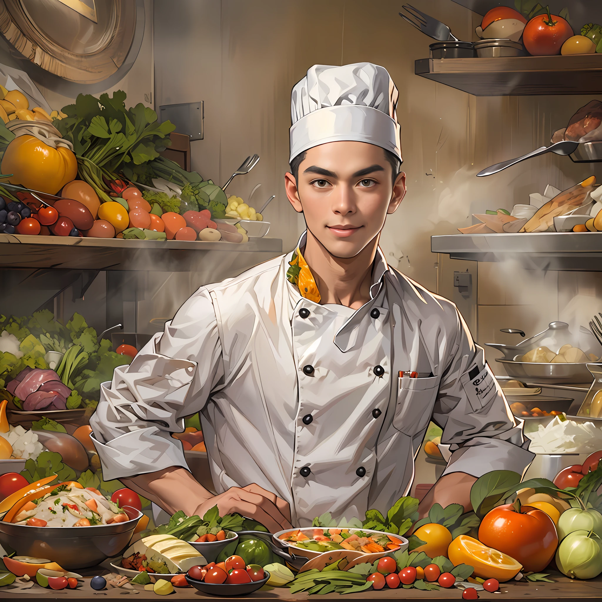 A young and handsome chef with a slight smile on his lips, hands on hips, exuding confidence in his gaze. Various images of ingredients float around him, such as vegetables, fruits, meats, and more.,in the style of the stars art group xing xing, 32k, best quality, masterpiece, super detail, high details