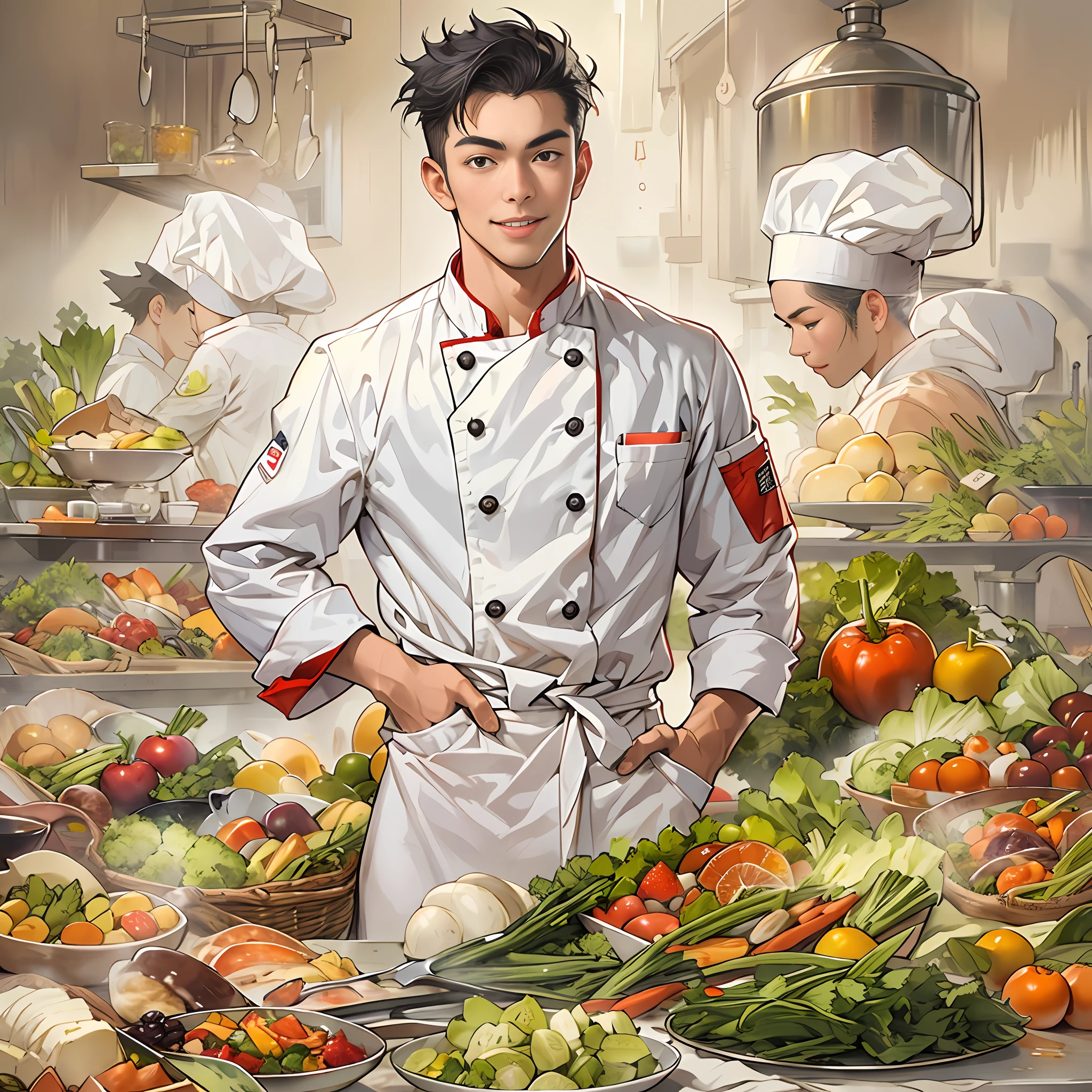 A young and handsome chef with a slight smile on his lips, hands on hips, exuding confidence in his gaze. Various images of ingredients float around him, such as vegetables, fruits, meats, and more.,in the style of the stars art group xing xing, 32k, best quality, masterpiece, super detail, high details