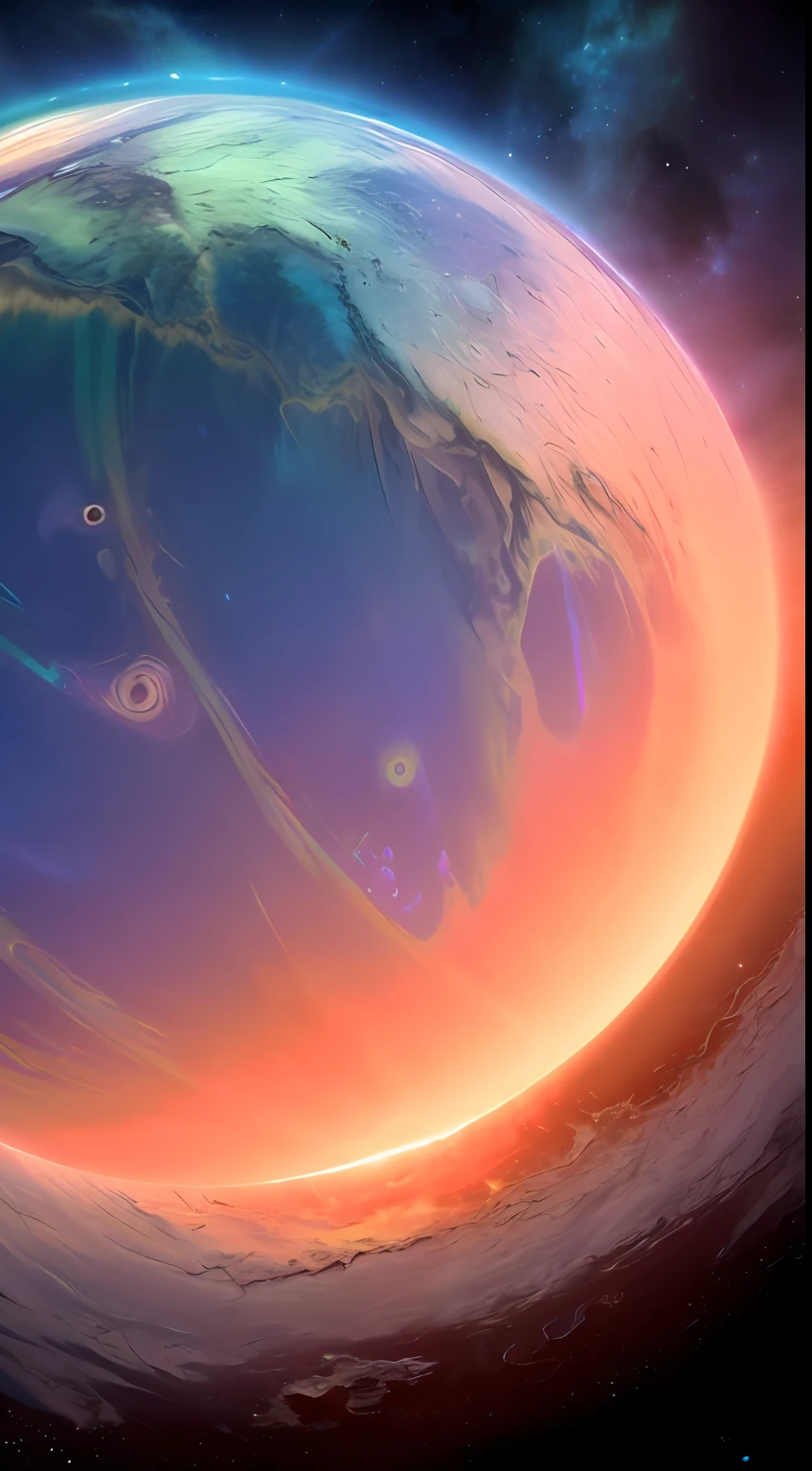 dublex ((((8k)))) HD photo extremely detailed render (((iridescent))) planet, thick hazy orange atmosphere, deep blue ((swirling clouds)), large saturn-like rings, pillars of creation