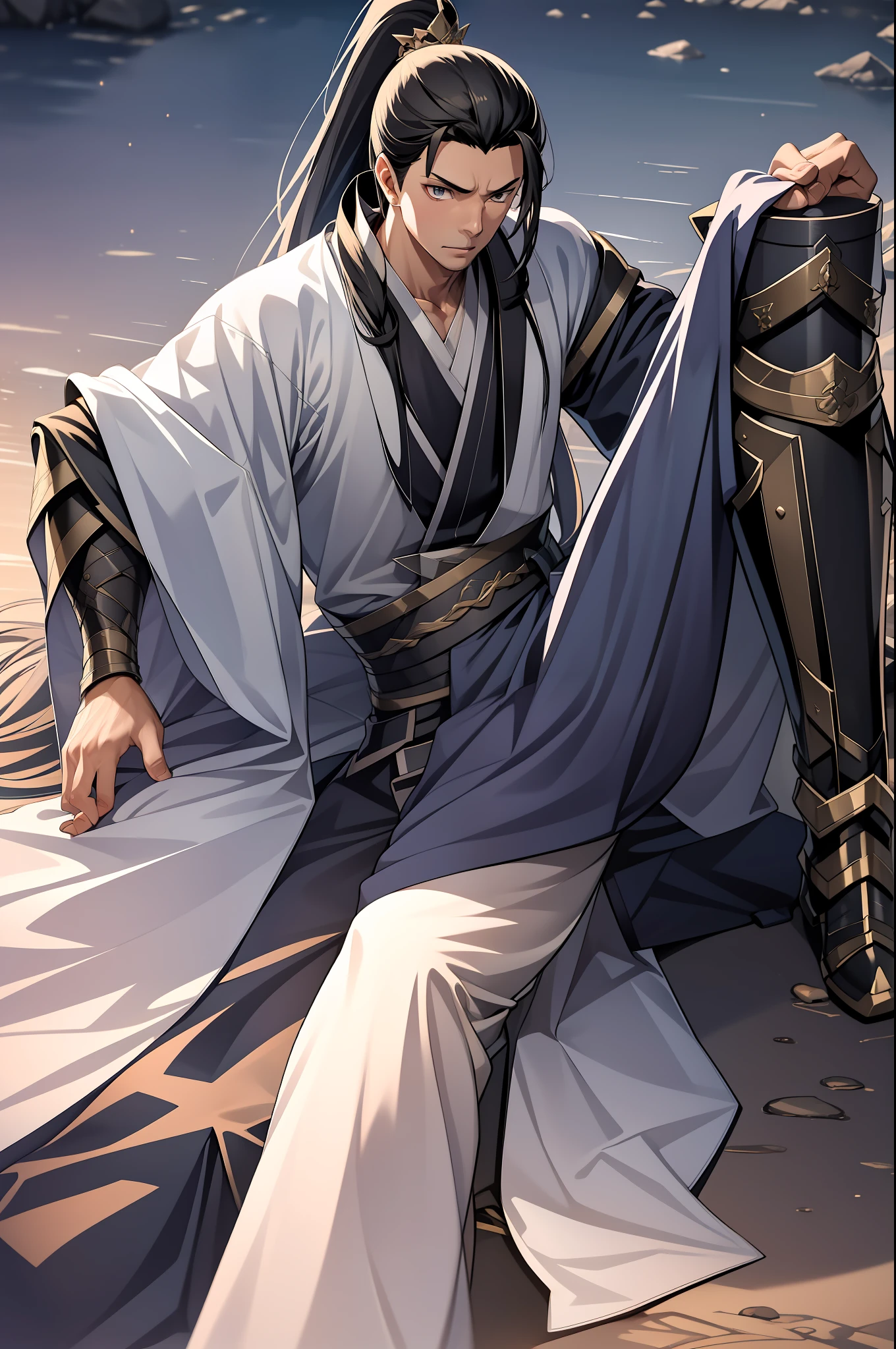 quadratic element，style of anime，mtu（Male Warrior），sit astride，The proportions are correct，Face details，swordsmen，High ponytail hairstyle，Neck details，There is an Adam's apple，White Hanfu，kaftan，clothes details，Handing over，longer sleeves，Game quality，Swordsmanship，Light and shadow tracking，Ray traching，detailed glow，cg render，hair detail，long  white hair，blue colored eyes，Handsome，Handsome，（juvenile sense），Clothing is complicated，Perfectcomposition，Refinement，high qulity，higher details，Lots of details，The background is complex，a sense of atmosphere，