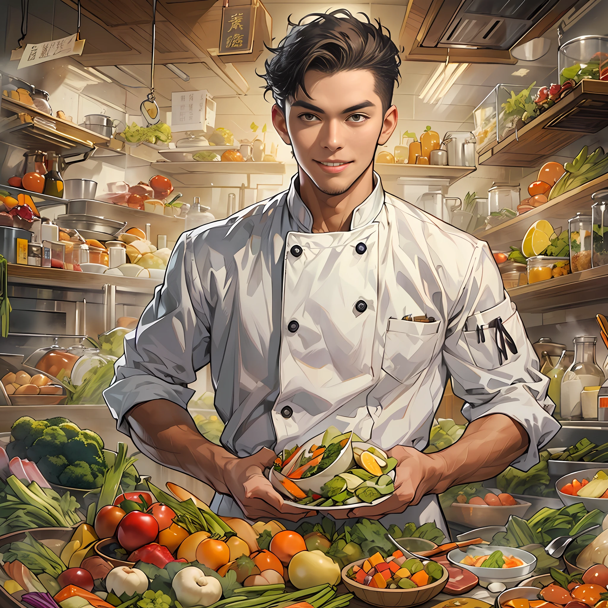 A young and handsome chef with a slight smile on his lips, hands on hips, exuding confidence in his gaze. Various images of ingredients float around him, such as vegetables, fruits, meats, and more.,in the style of the stars art group xing xing, 32k, best quality, masterpiece, super detail, high details