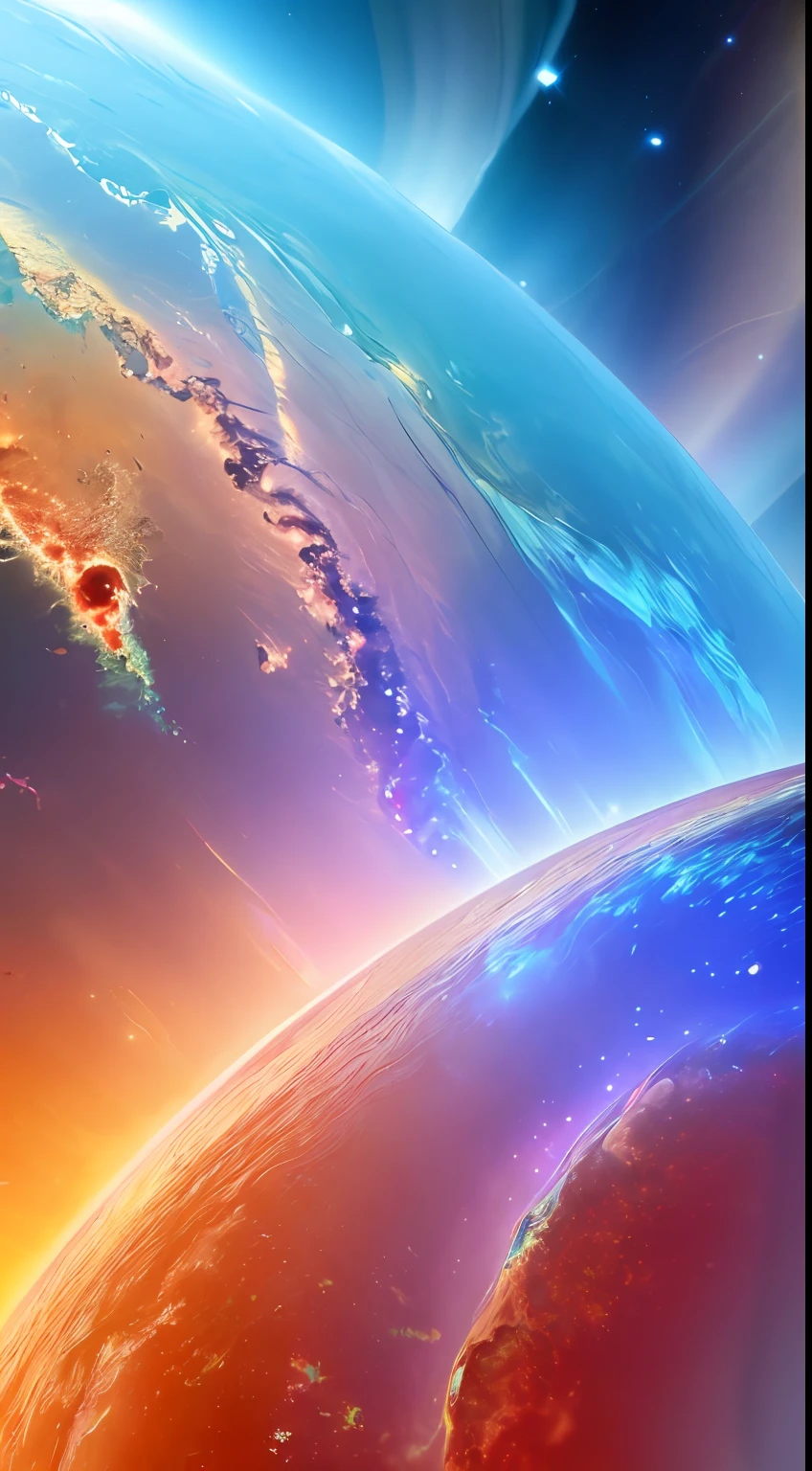 dublex ((((8k)))) HD photo extremely detailed render (((iridescent))) planet, thick hazy orange atmosphere, deep blue ((swirling clouds)), large saturn-like rings, pillars of creation