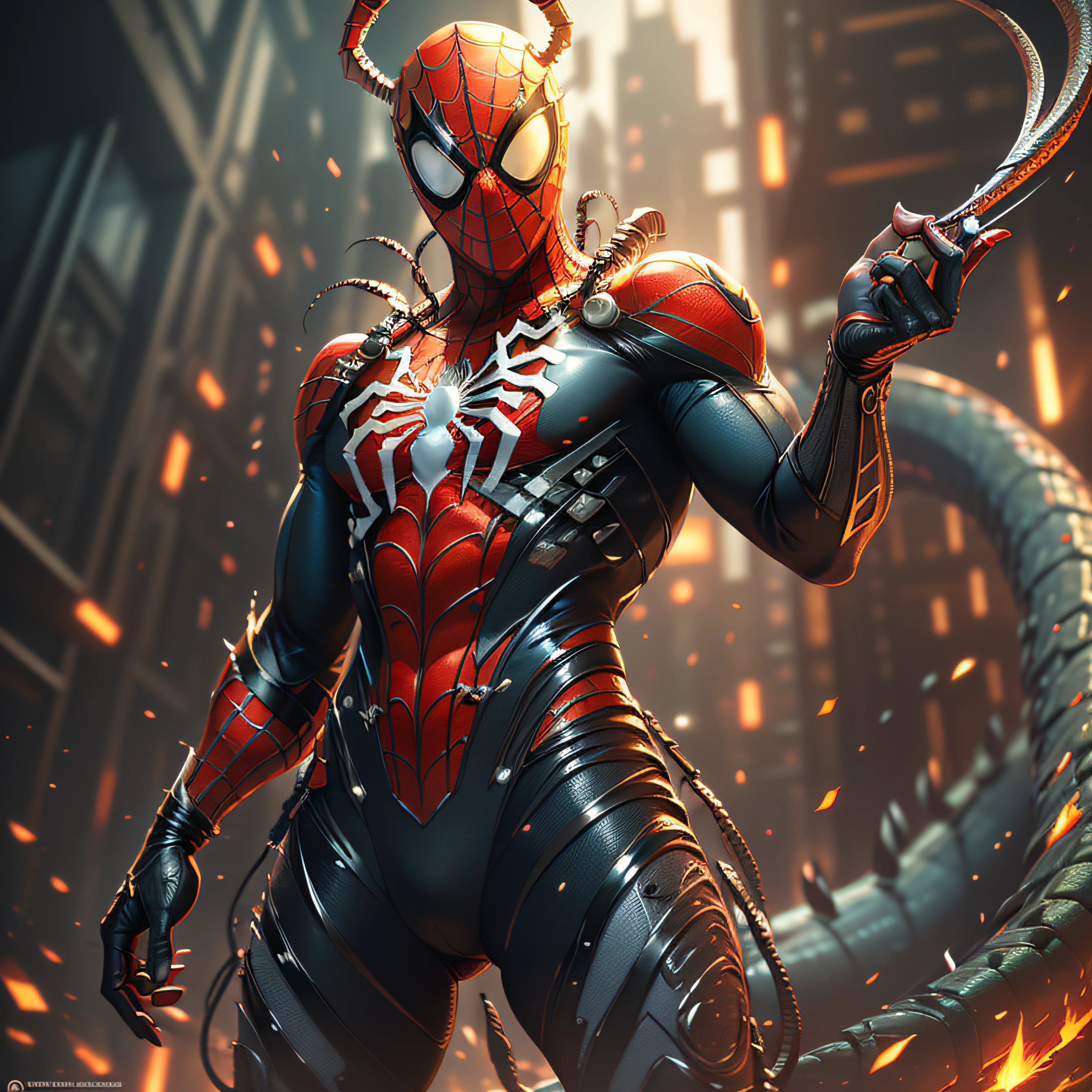 (no background, full attention on character,latest generation 8k render, exceptionally detailed, flawless scales, precise texture, best quality),(details of spider-man outfit, no mask, human face lizard, realistic expression, stunning shading), centralized framing, powerful front lighting, stunning blue and red color scheme.