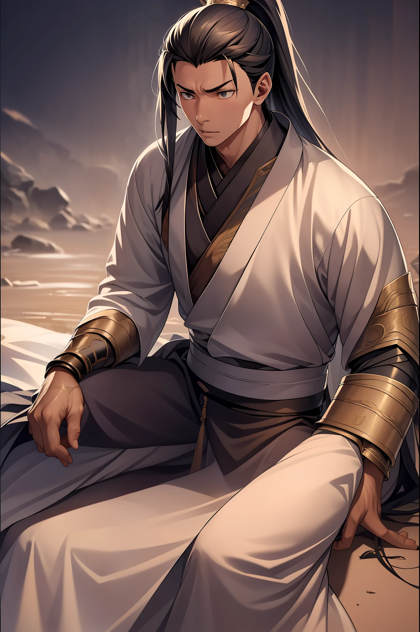 quadratic element，style of anime，mtu（Male Warrior），sit astride，The proportions are correct，Face details，swordsmen，High ponytail hairstyle，Neck details，There is an Adam's apple，White Hanfu，kaftan，clothes details，Handing over，longer sleeves，Game quality，Swordsmanship，Light and shadow tracking，Ray traching，detailed glow，cg render，hair detail，long  white hair，blue colored eyes，Handsome，Handsome，（juvenile sense），Clothing is complicated，Perfectcomposition，Refinement，high qulity，higher details，Lots of details，The background is complex，a sense of atmosphere，
