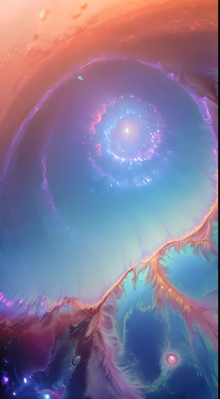 dublex ((((8k)))) HD photo extremely detailed render (((iridescent))) planet, thick hazy orange atmosphere, deep blue ((swirling clouds)), large saturn-like rings, pillars of creation