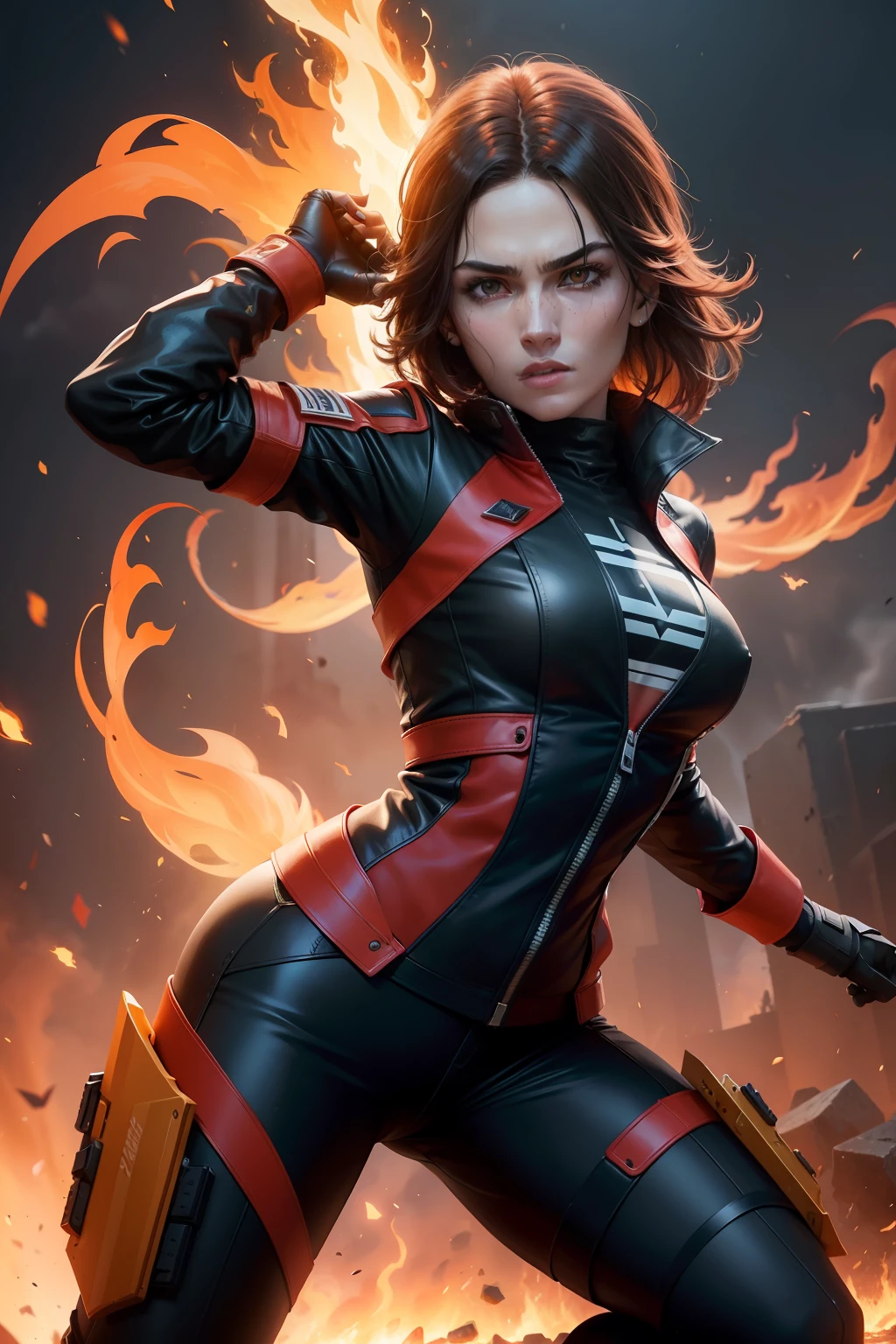 Create a new agent called 'Pyrojet' which is a dangerous combination of fire and agility, fundindo os estilos e personalidades de Jett e Phoenix, tornando-o o derradeiro guerreiro em ((VALORANT)), Adagas de fogo pelo cenario.