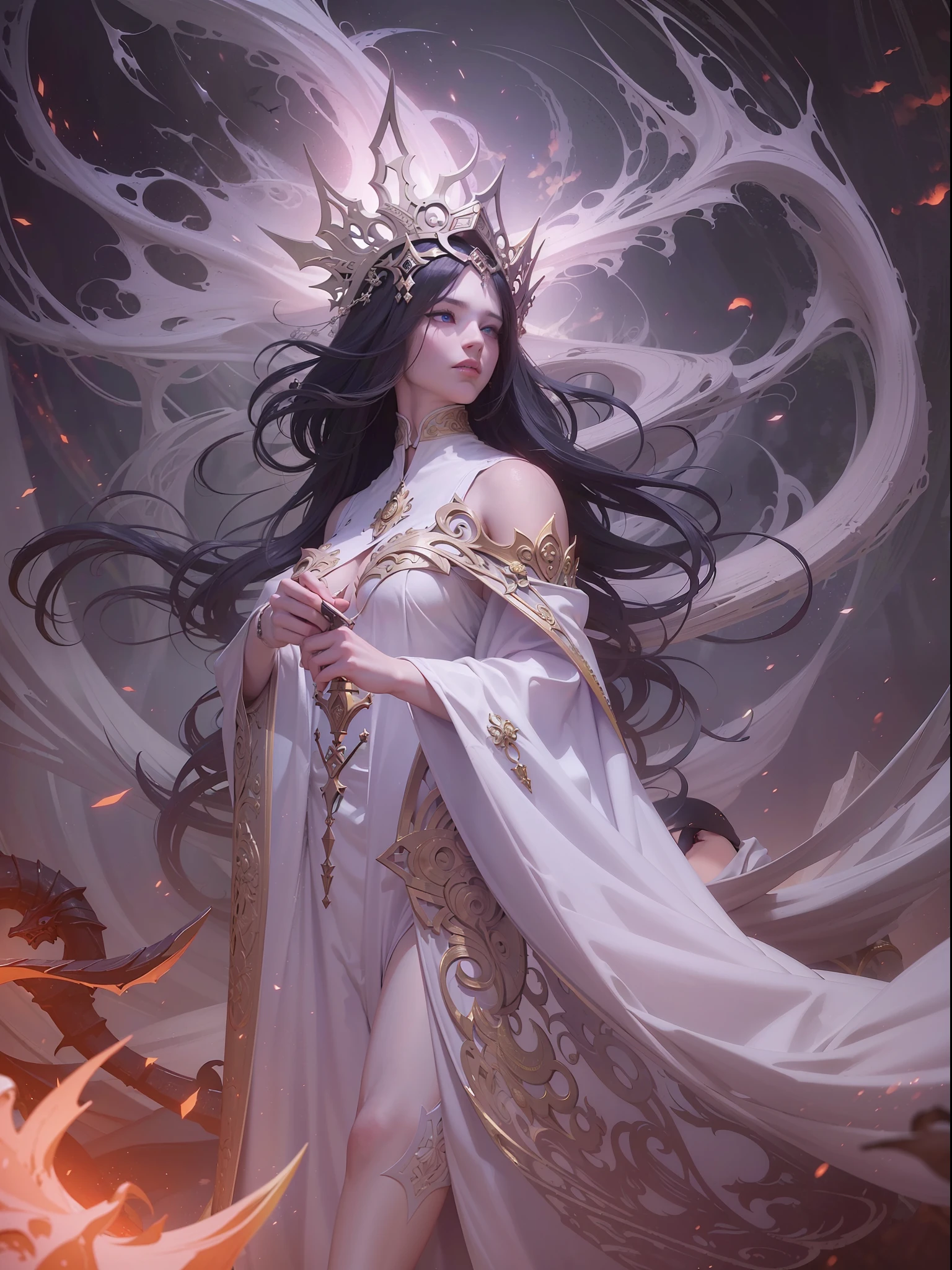 high details, best quality, 8k, [ultra detailed], masterpiece, best quality, (extremely detailed), dynamic angle, ultra wide shot, photorealistic, fantasy art, dnd art, rpg art, dark fantasy realistic art, an ultra wide picture of a female human (intense details, Masterpiece, best quality: 1.5) goddess of death ((pale white magical aura)), controlling a swirling magic (intense details, Masterpiece, best quality: 1.5), manipulating [[magical sigils]] (intense details, Masterpiece, best quality: 1.5), human female, black hair, pale skin, long hair with pale white aura, hair with pale touch, white eyes, pale eyes, intense eyes, ((glowing eyes)), black dress (intense details, Masterpiece, best quality: 1.5), red cloak (intense details, Masterpiece, best quality: 1.5), a skull in hand (intense details, Masterpiece, best quality: 1.5), fantasy temple of death, background, gothic art ((divine worship atmosphere)),  high details, best quality, highres, ultra wide angle@