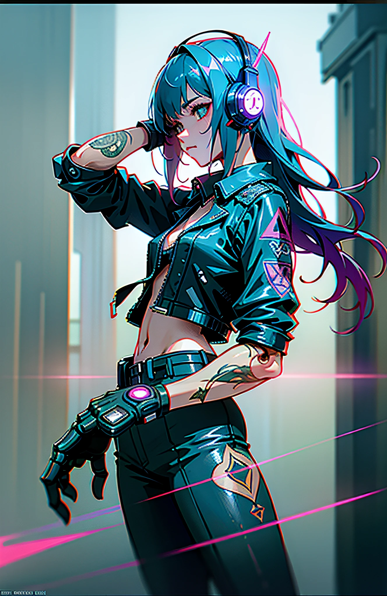 ompts
Copy
best quality, realistic, photorealistic, award-winning illustration, (intricate details:1.2), (delicate detailed), (intricate details), (cinematic light, best quality Backlights), clear line, sharp focus, official art, unity 8k wallpaper, absurdres, incredibly absurdres, huge filesize, ultra- (in_main_street:1.21), (neon lamp),fantasy art, rtx,((award winning studio closeup photo of a triangle)), 1boy,half body,(Full tattoo),(closed mouth),small breasts,((Cyberpunk city Street, Battle Maiden,Katana, robot arm)),(Cyberpunk blouse, leather jacket, Martin boots),(headphones_around_neck),(headphones_around_hair)