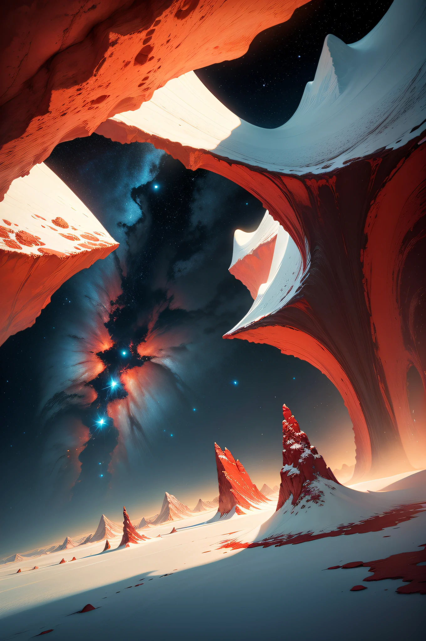 vast expanse of ice, odd red mountains on the background, a yellow lake with strange floating structures and starry sky with a nebula and three moons