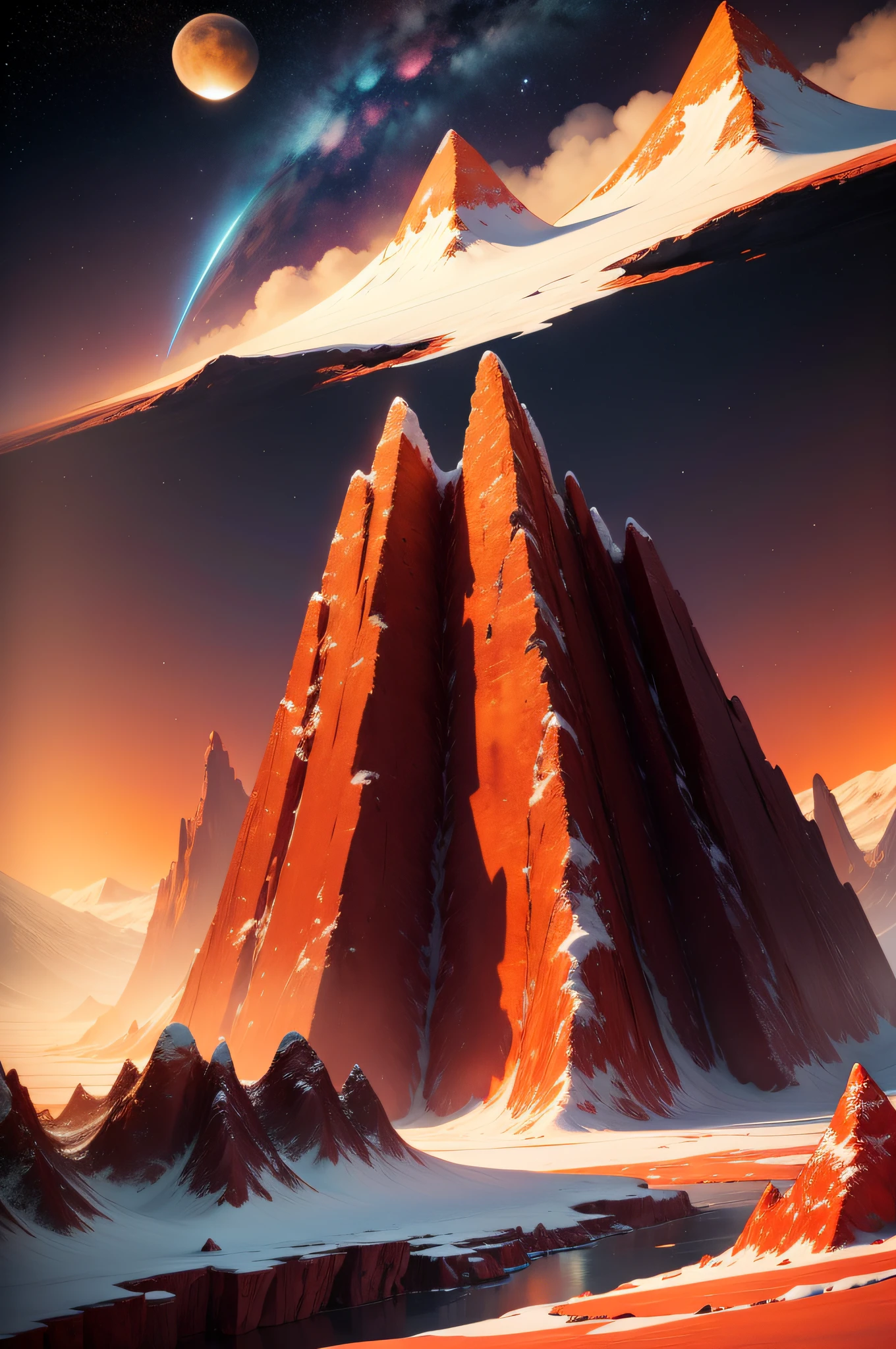 vast expanse of ice, odd red mountains on the background, a yellow lake with strange floating structures and starry sky with a nebula and three moons