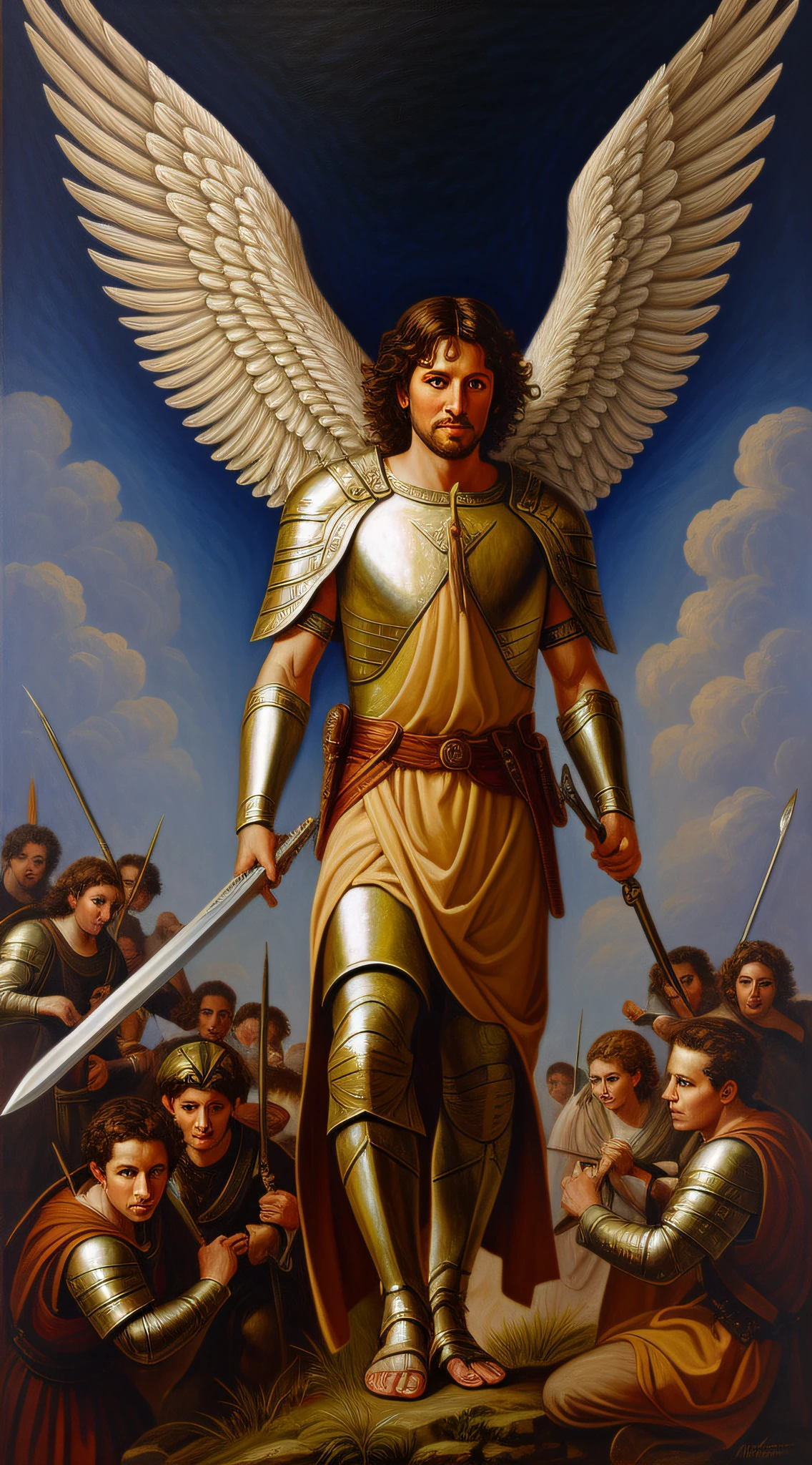 Angel Michael leading the angels in combat, sword. oil painting