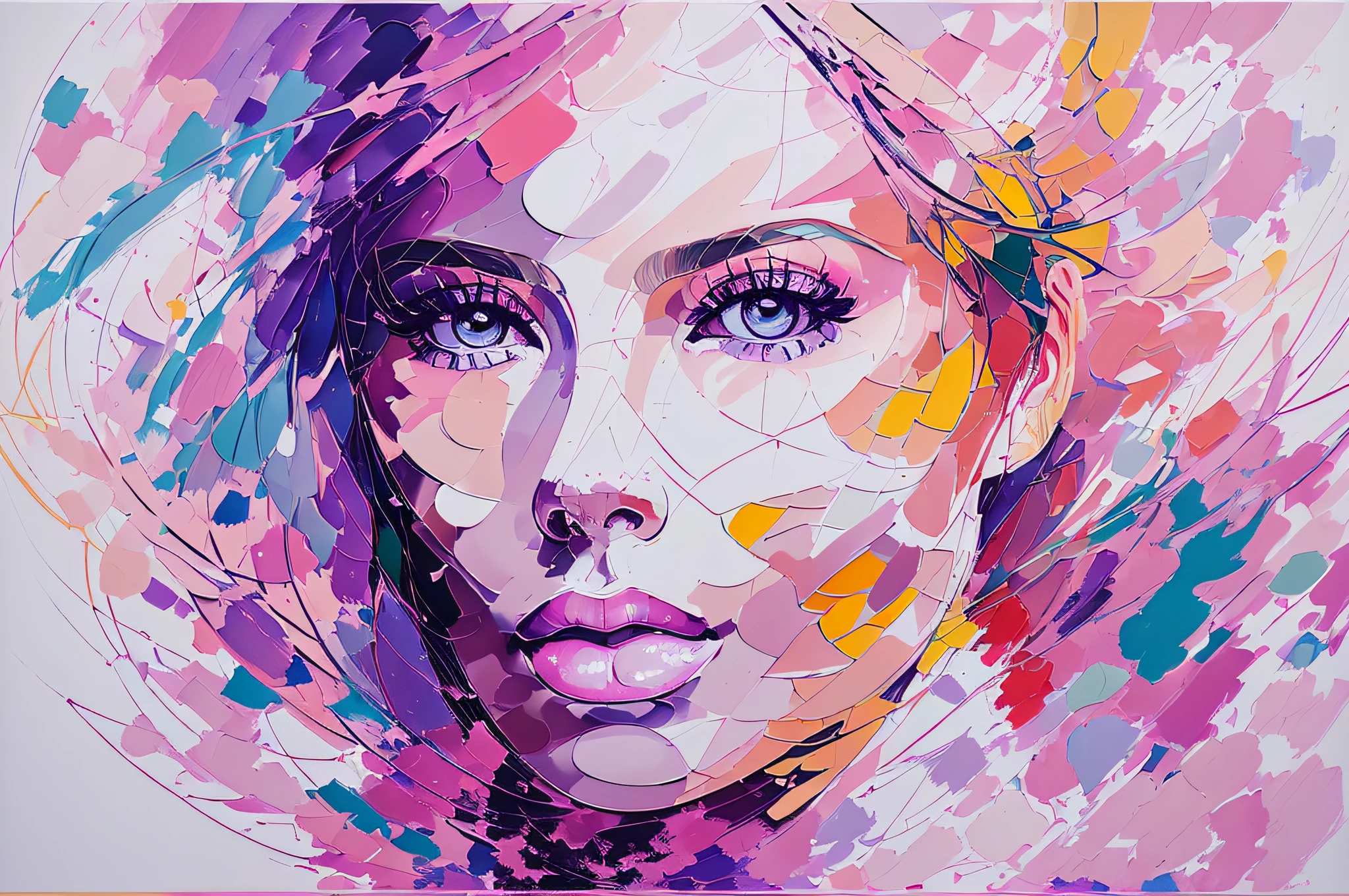 (Abstract female portrait:1.2),(Partially painted:1.1) On a white background, Brilliant color palette, Luxurious brushstrokes, Unique silhouette, Exposure Control, delicate detail, With a sense of power and elegance, It's like a portrait of a work of art.
