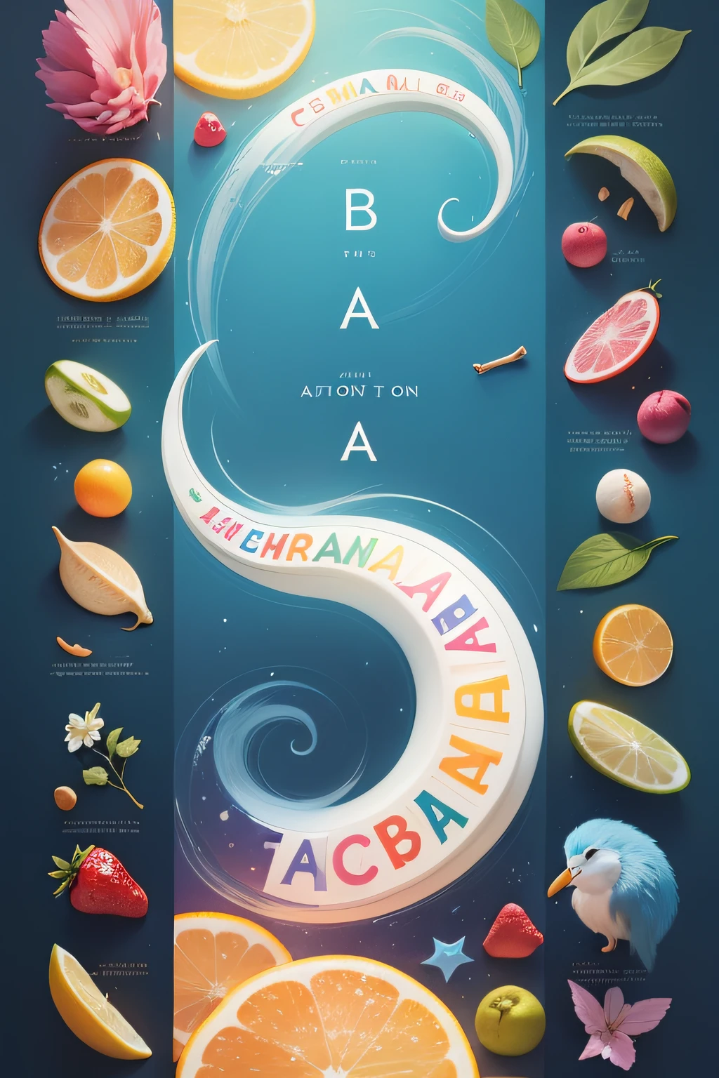 Create a fun cover for a children's book that doesn't exist yet, The book contains more than 40 children's activities on the complete alphabet, em um fundo branco, I don't want it to have characters, Titles or written words, Quero que tenha algumas letras separadas, Frutas, objetos e animais.