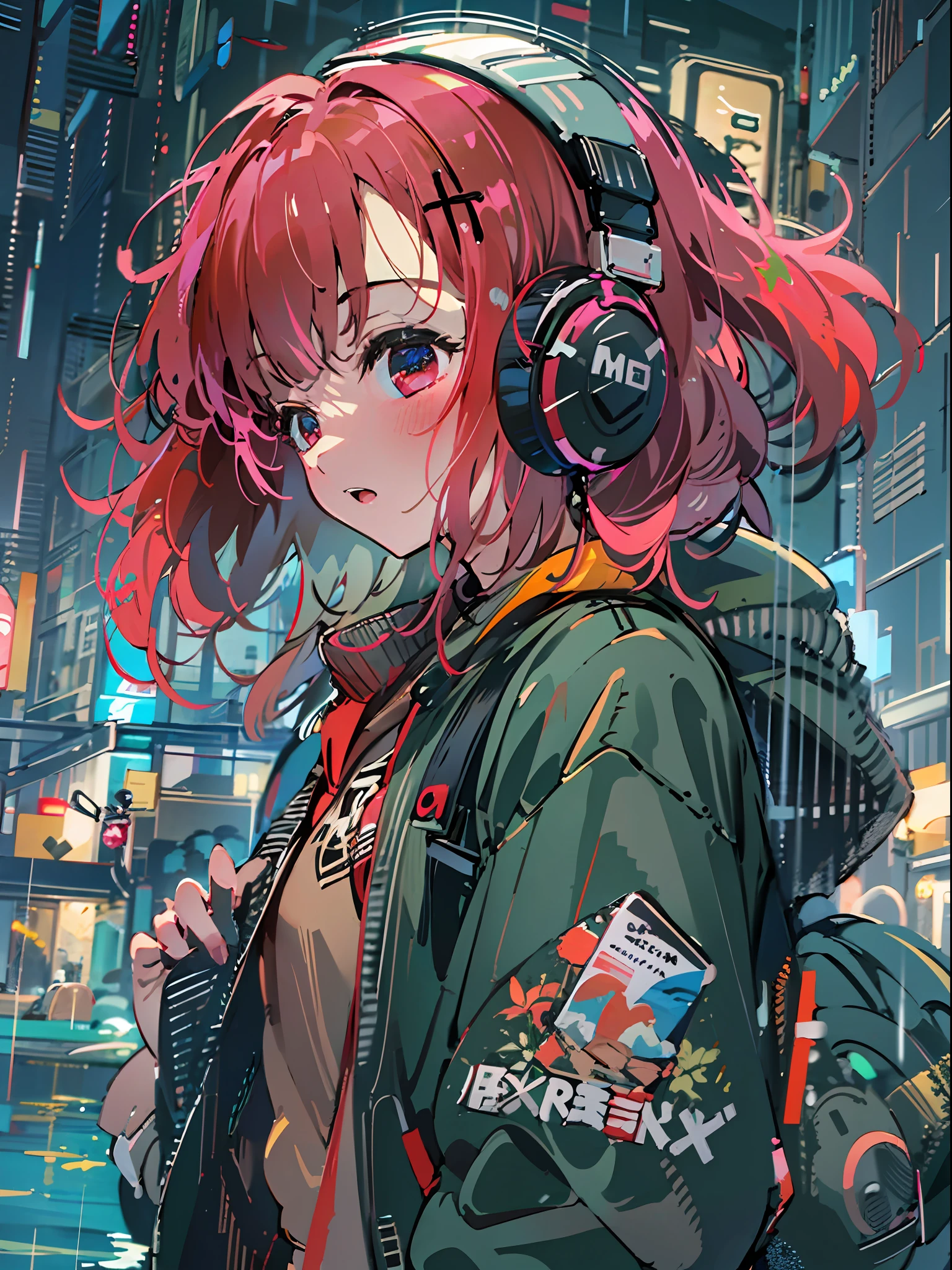 8K分辨率、((top-quality))、((​masterpiece))、((ultra-detailliert))、1 woman、独奏、incredibly absurdness、Oversized hoodies、headphones、Street、plein air、Rain at night、neons、Shortcut Hair、Brightly colored eyes、Hands in pockets、shortpants、water dripping、red hairs、Bob Hair
