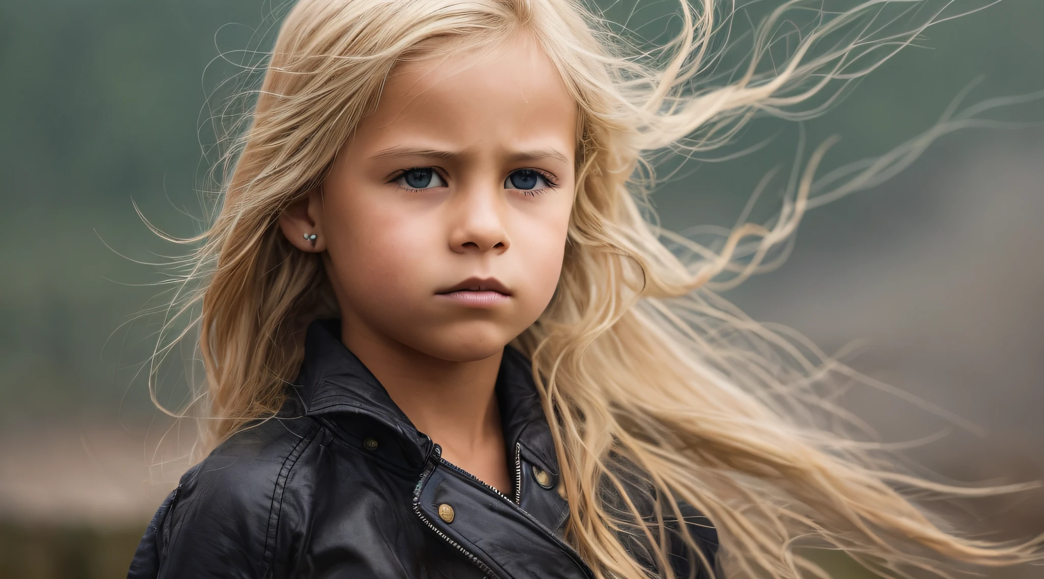 Cavalgar na tempestade, THUNDERBOLT, GIRL CHILD BLONDE HAIR, LONGOS ,CLOSE UP, ESTILO RUSSA DE fones de ouvido, CASACO DE PELE PRETA.