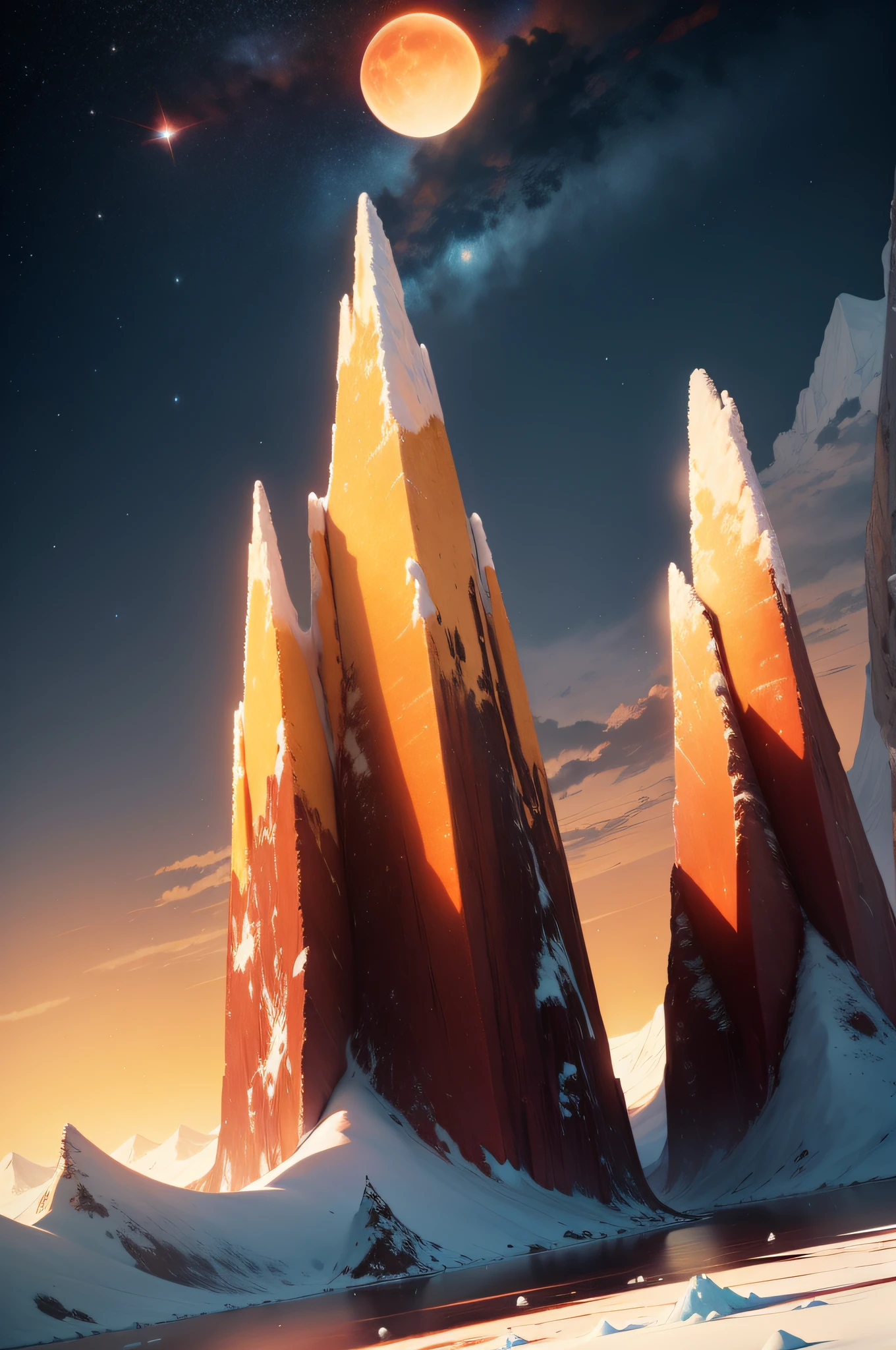 vast expanse of ice, odd red mountains on the background, a still yellow lake with strange hovering structures and starry sky with a nebula and three moons
