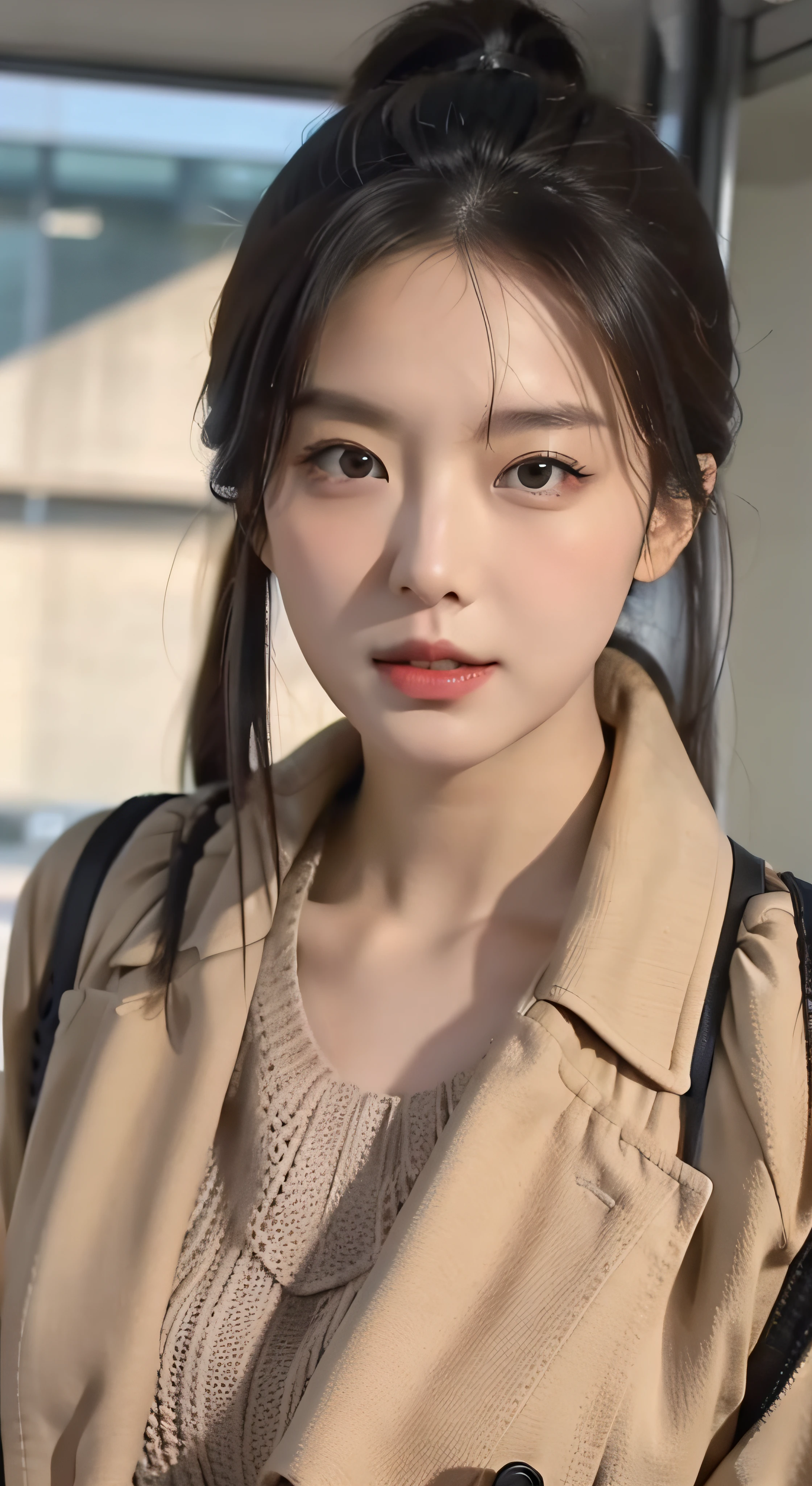 pony tails, Enchanting figure,The eyes are squinted 40 degrees in the lower left corner,smallunderboob, Chunky trench coat,high-necked,sofe,Mature woman, A haughty expression,Flaming red lips,二重まぶた,tall nose bridge,Enchanting figure, hyper HD, Super detail, High details, High quality, Best quality,