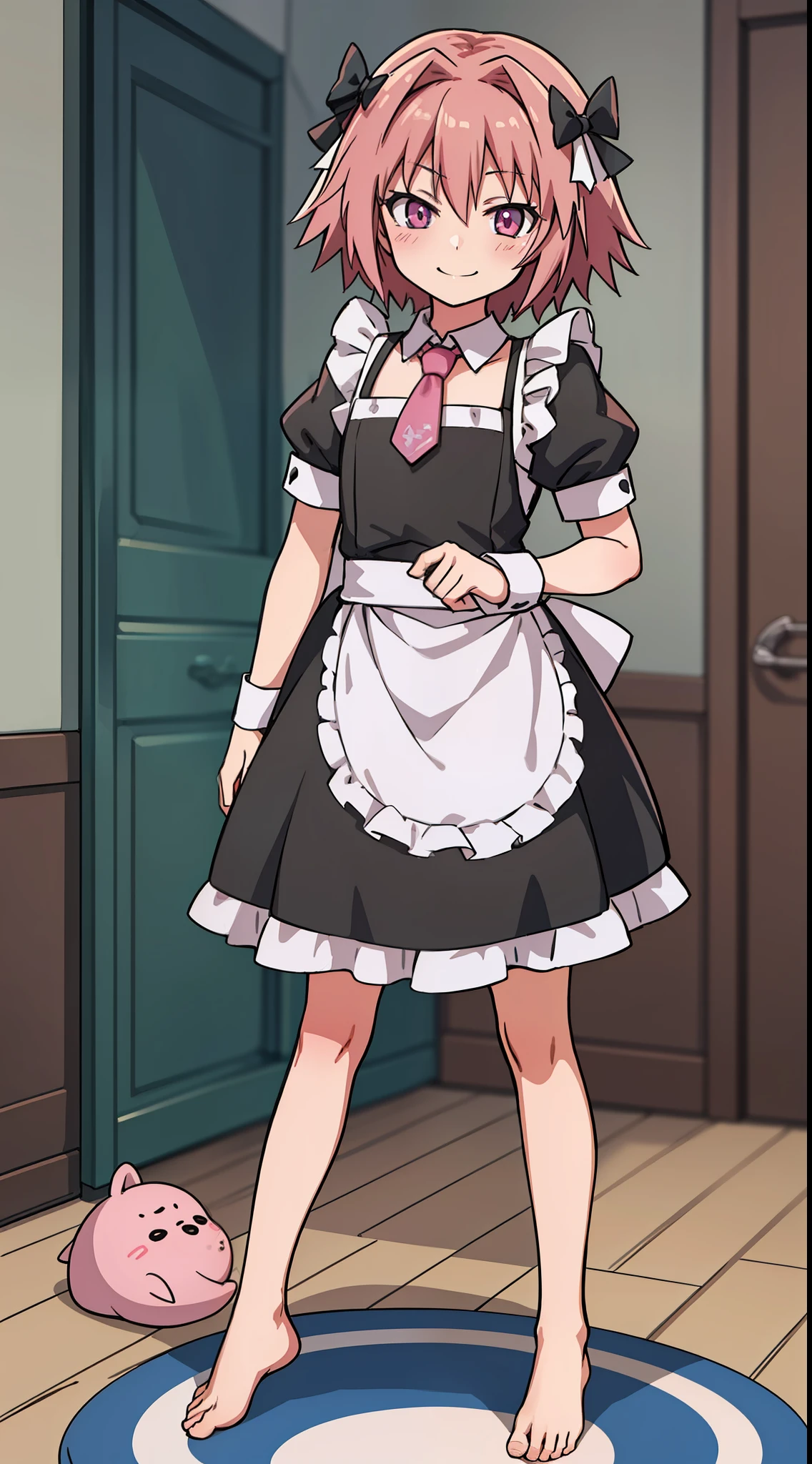 hiquality, tmasterpiece (One guy Astolfo, housemaid) Cute smiling face, maid outfit, bare feet. In the background of the room.