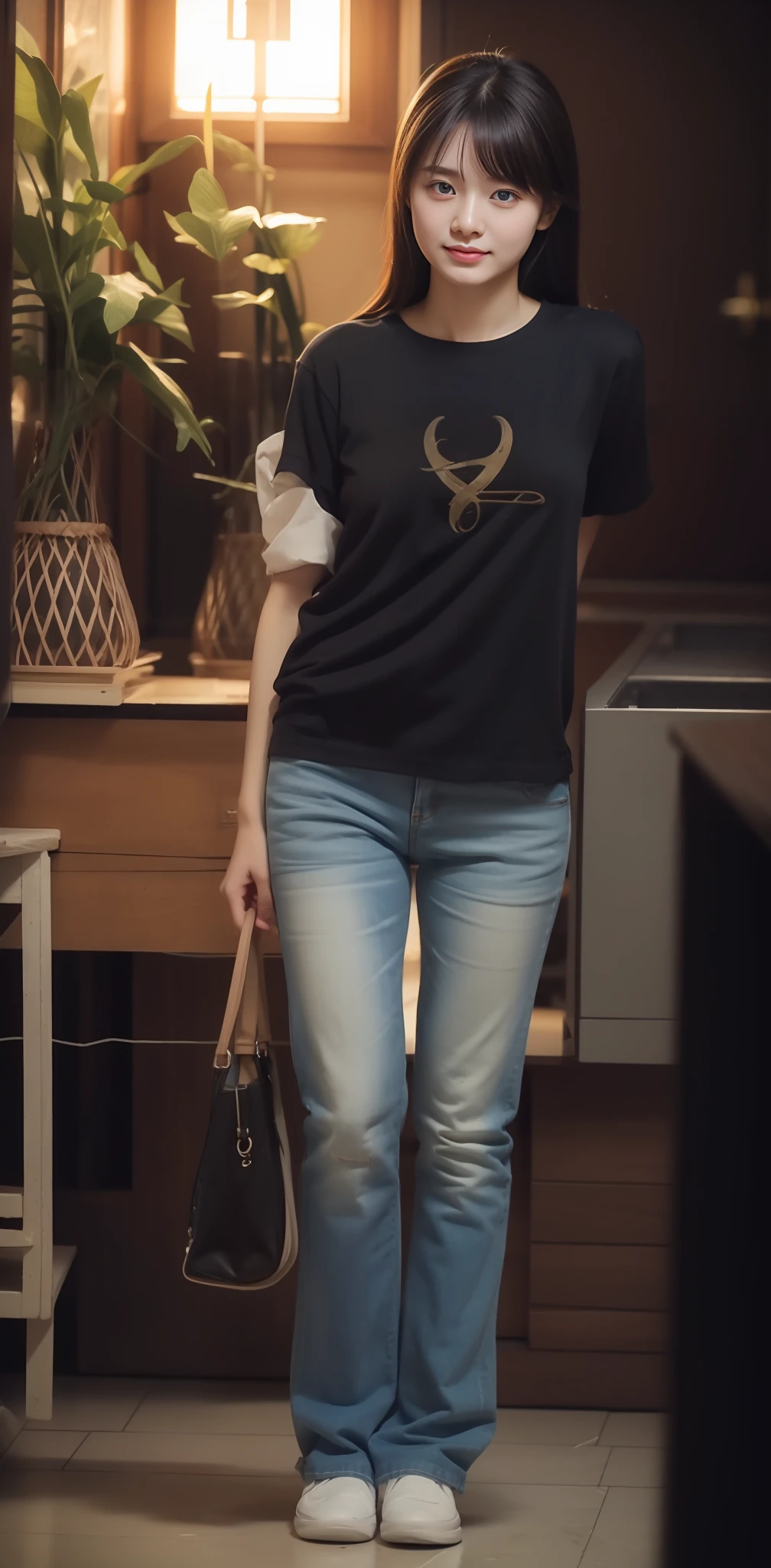 Zhu Ai_Villas,RAW photos,Brand photos,(highdetailskin:1.2),8k ultra high definition,digital SLR camera,gentlesoftlighting,high high quality,filmgrain,富士XT3,20 years old Asian woman,Wear simple clothes,T-shirt and skinny jeans,Detailed clothing details:1.3,perfect body figure,Super detailed facial details and skin,Fair and tender face and skin,二重まぶた,Super detailed eyes,fully body photo