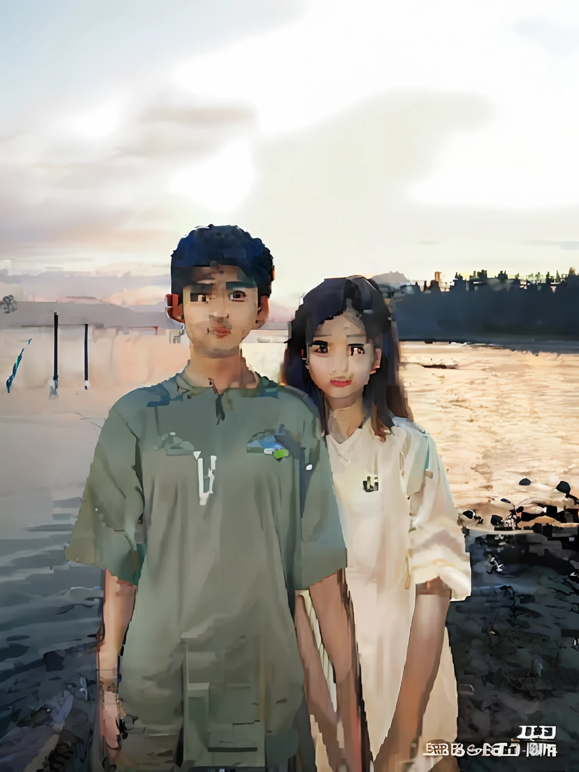 there are two people standing next to each other near the water, cai xukun, lovely couple, with sunset, jinyoung shin, huang yuxing and aya takano, yanjun chengt, jaeyeon nam, couple, bae suzy, they are siblings, leaked image, ruan jia and fenghua zhong, exclusive, with her long