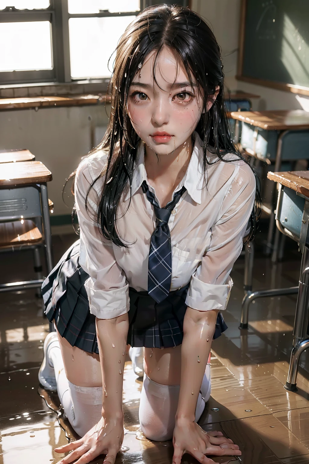 (masterpiece, best quality:1.2), a hyperrealistic schoolgirl, solo, 1girl, yukinoshita yukino, (shiny skin, wet skin:1.2), sweating, slight smile, looking at viewer, on all fours, school uniform, white shirt, plaid skirt, thighhighs, afternoon, classroom hyperrealistic schoolgirl