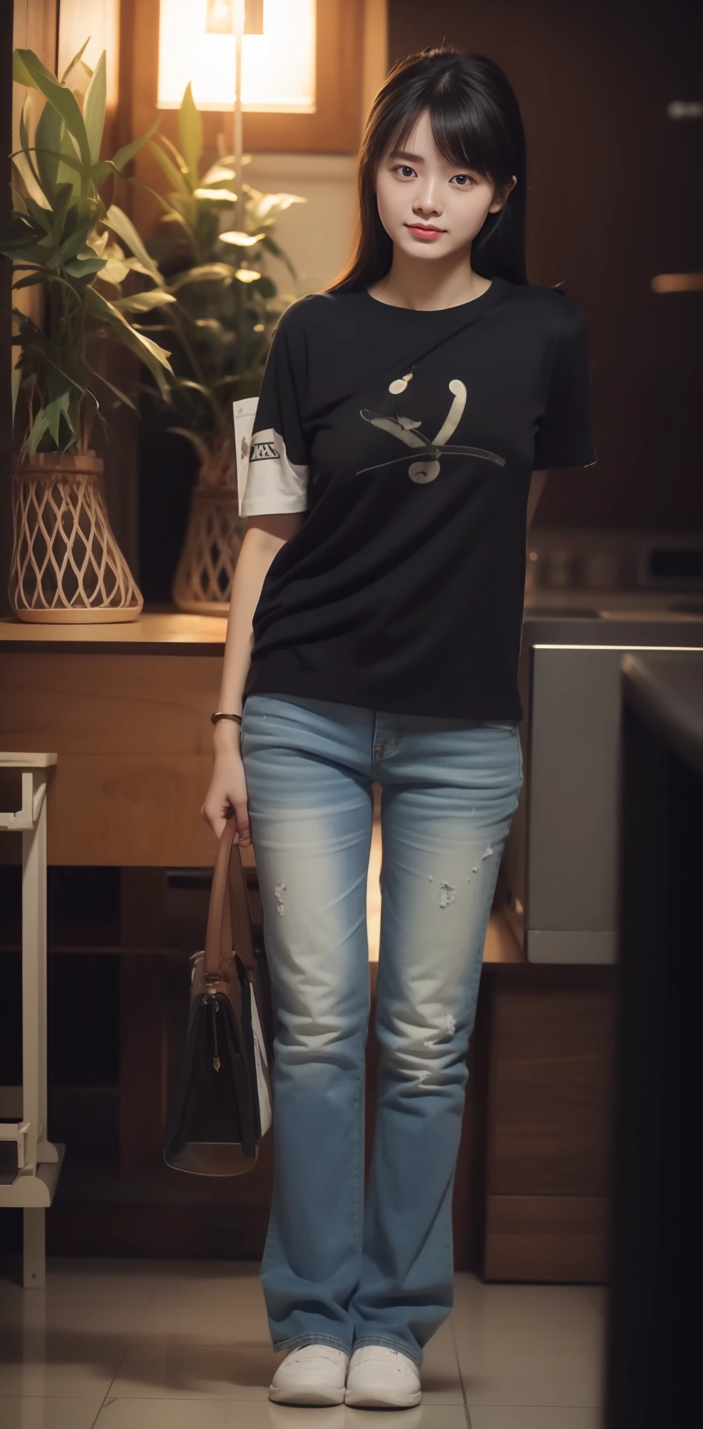 Zhu Ai_Villas,RAW photos,Brand photos,(highdetailskin:1.2),8k ultra high definition,digital SLR camera,gentlesoftlighting,high high quality,filmgrain,富士XT3,20 years old Asian woman,Wear simple clothes,T-shirt and skinny jeans,Detailed clothing details:1.3,perfect body figure,Super detailed facial details and skin,Fair and tender face and skin,二重まぶた,Super detailed eyes,fully body photo