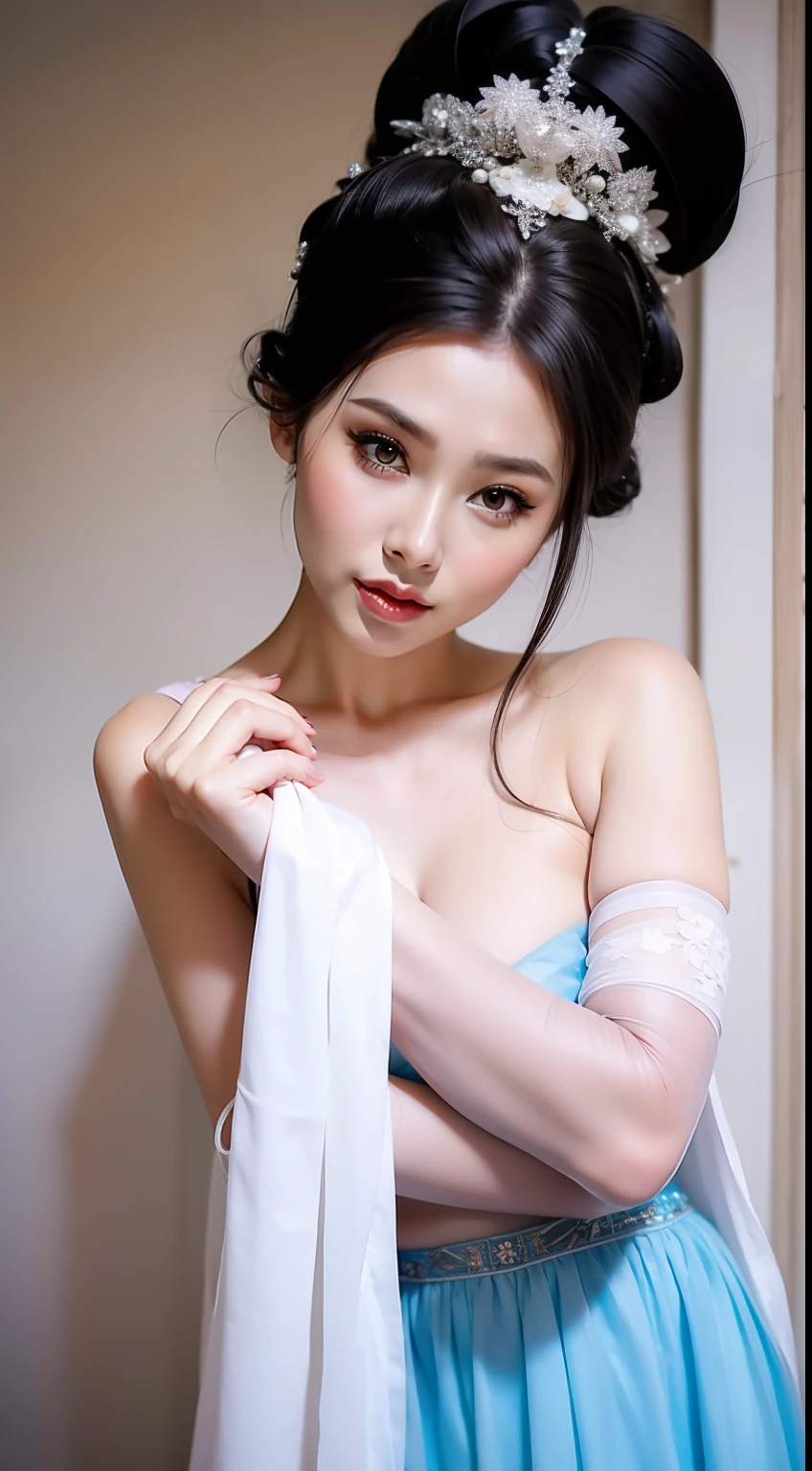 Fashion model 20 years old [[[[closeup cleavage]]]], [[[[boobgasm]]]], [[[[coll]]]], [[[[bshoulders]]]], perfect  eyes, Perfect iris，Perfect lips，perfect teeth，Perfect skin，Long face，slender nose，tall nose bridge，Soft front light，hdr，Movie girl，Simple hairstyle，light make-up，Casual，（pastel colour：1.2）