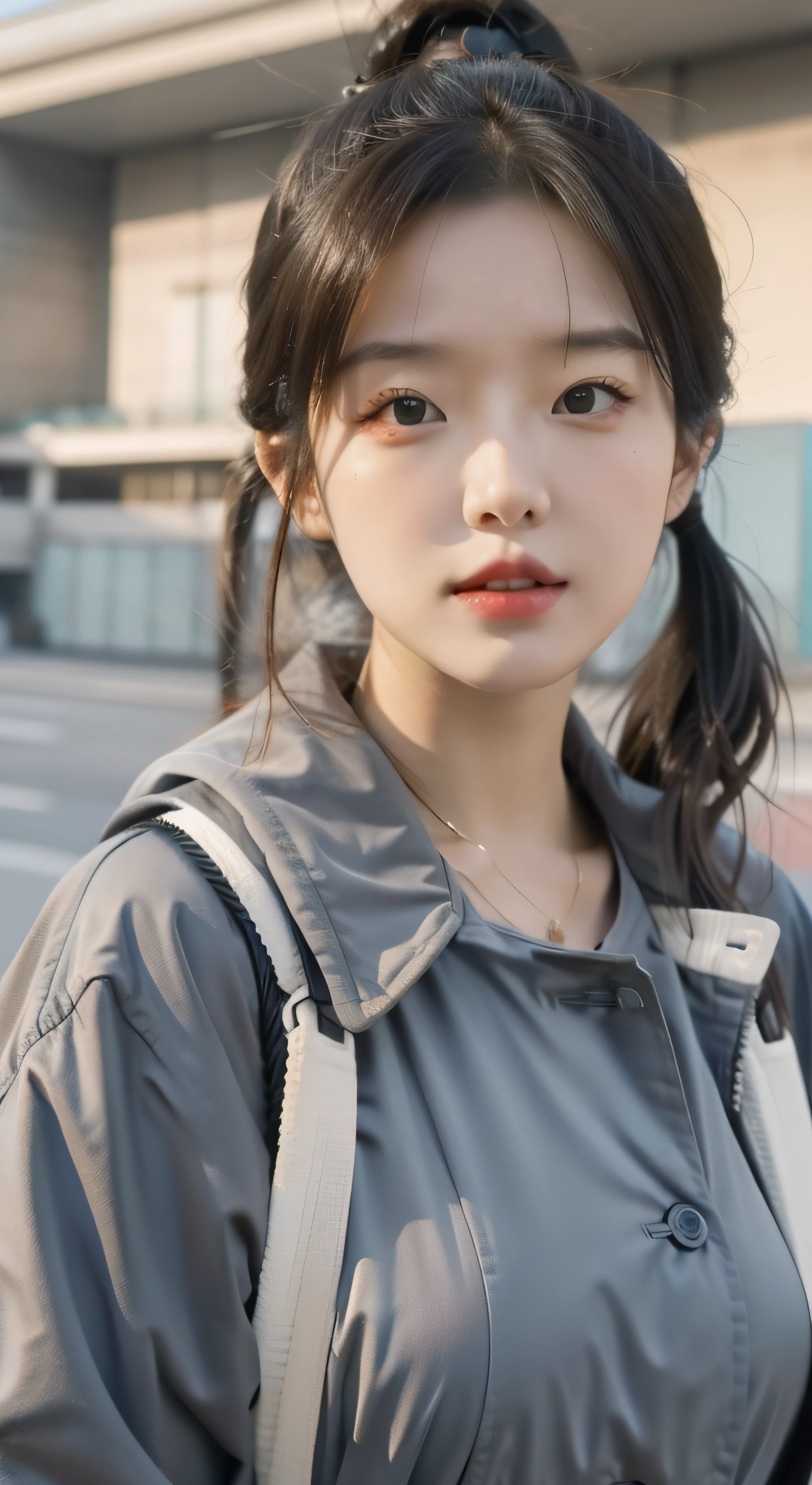 pony tails, Enchanting figure，The eyes are squinted 40 degrees in the lower left corner，smallunderboob, Chunky trench coat，high-necked，sofe，Mature woman, A haughty expression，Flaming red lips，二重まぶた，tall nose bridge，Enchanting figure， hyper HD, Super detail, High details, High quality, Best quality，