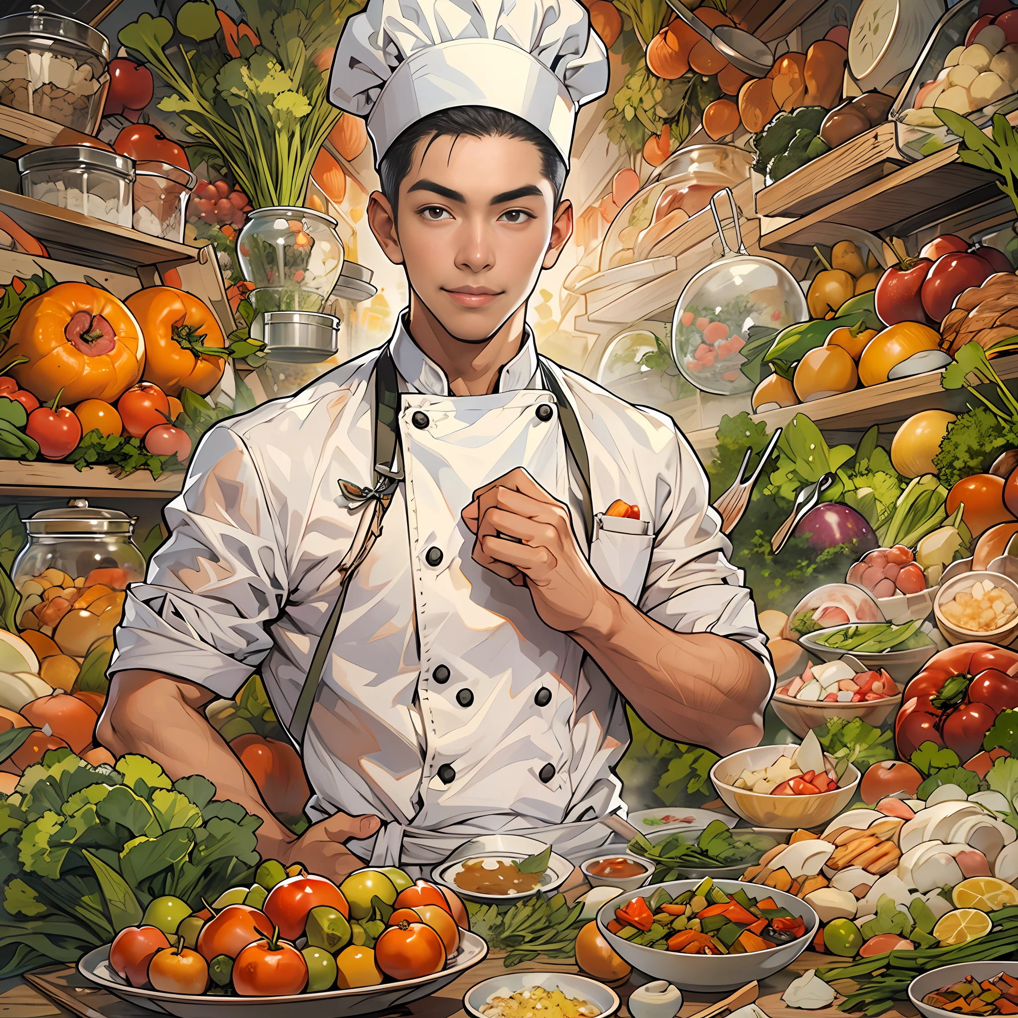 A young and handsome chef with a slight smile on his lips, hands on hips, exuding confidence in his gaze. Various images of ingredients float around him, such as vegetables, fruits, meats, and more.,in the style of the stars art group xing xing, 32k, best quality, masterpiece, super detail, high details
