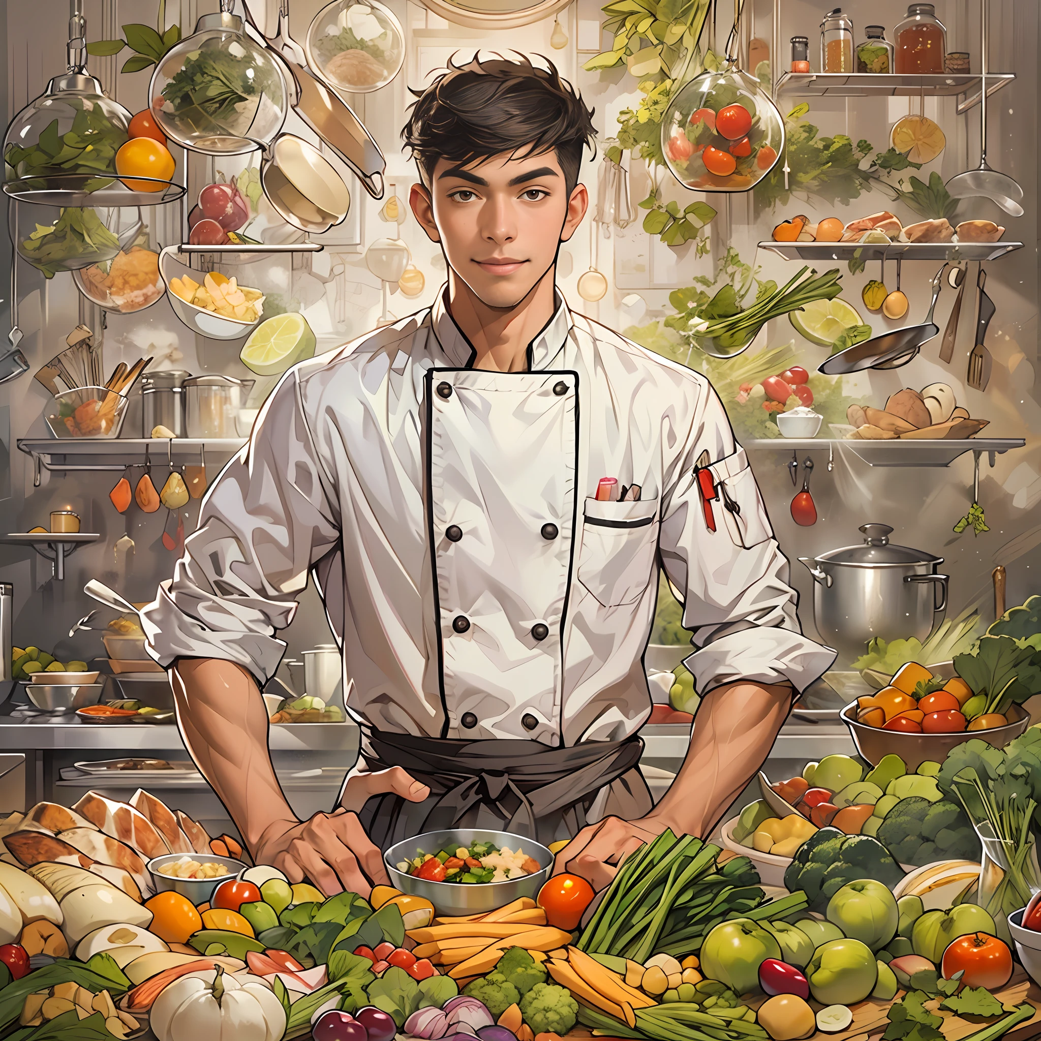 A young and handsome chef with a slight smile on his lips, hands on hips, exuding confidence in his gaze. Various images of ingredients float around him, such as vegetables, fruits, meats, and more.,in the style of the stars art group xing xing, 32k, best quality, masterpiece, super detail, high details