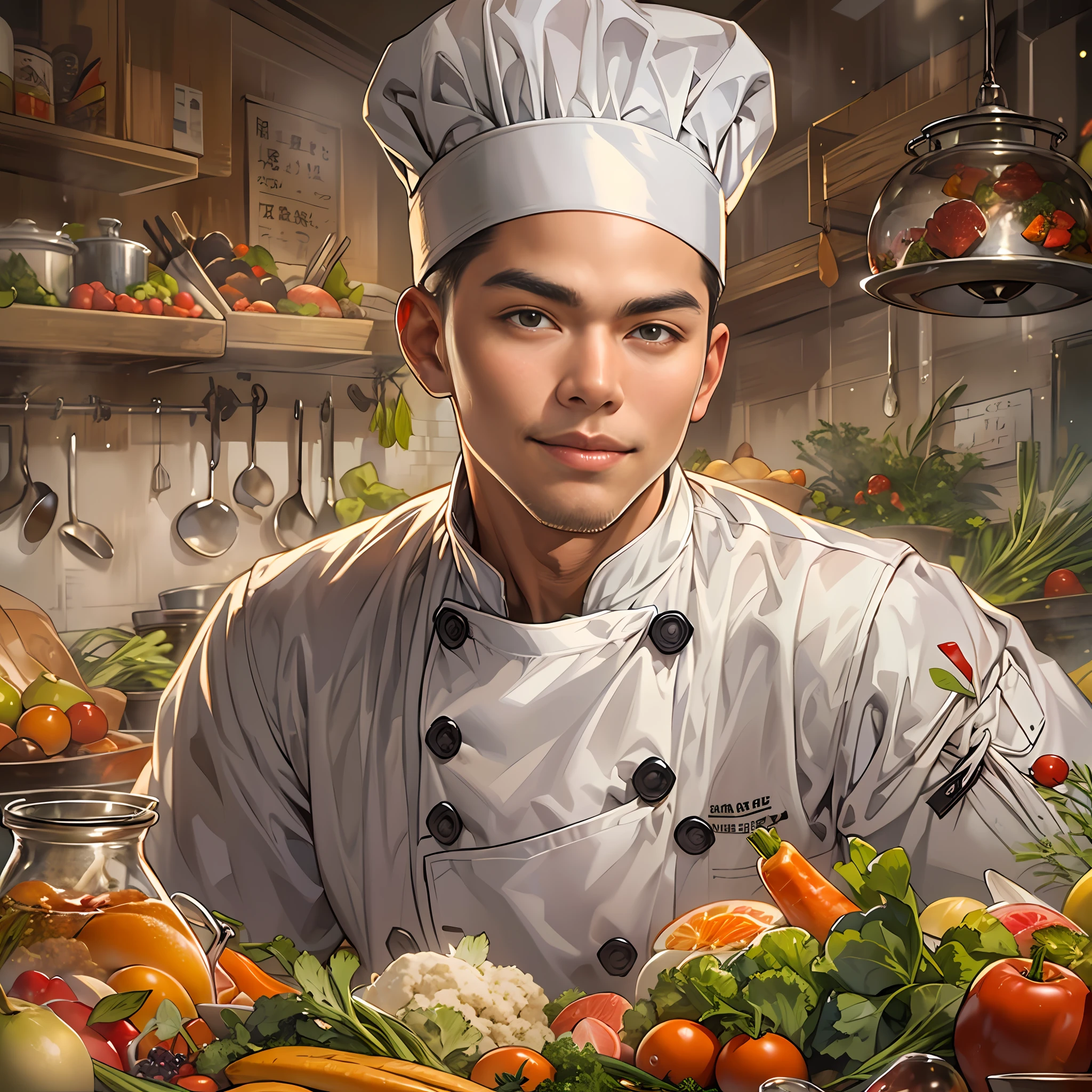 A young and handsome chef with a slight smile on his lips, hands on hips, exuding confidence in his gaze. Various images of ingredients float around him, such as vegetables, fruits, meats, and more.,in the style of the stars art group xing xing, 32k, best quality, masterpiece, super detail, high details