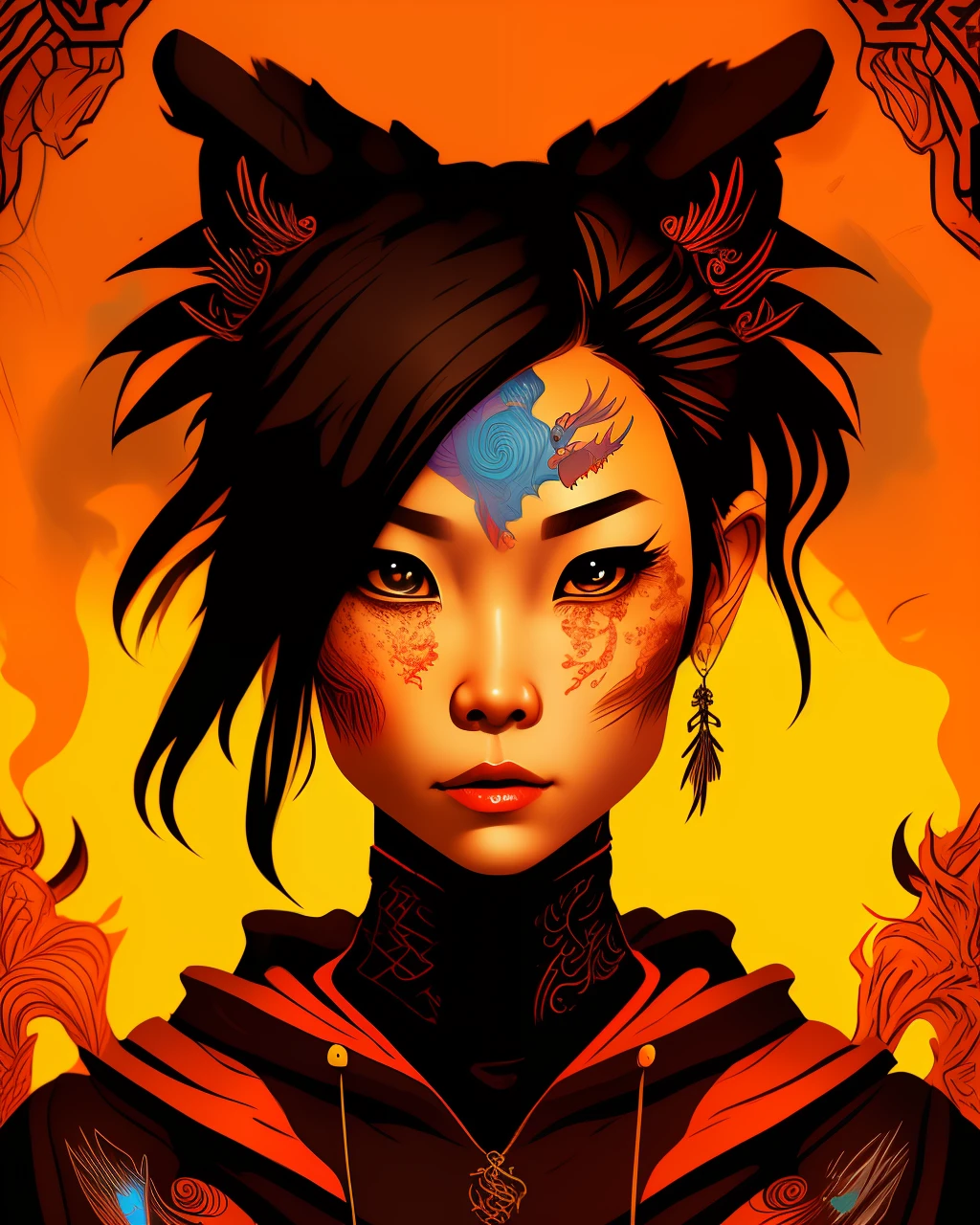 ink art, vector, Asian woman with dragon tattoo, beautiful brown eyes, wearing a hoodie and a earphone, colorful background, highly detailed, face-detail, detailed- eyes, photo from side, music album cover, slightly looking to camera,