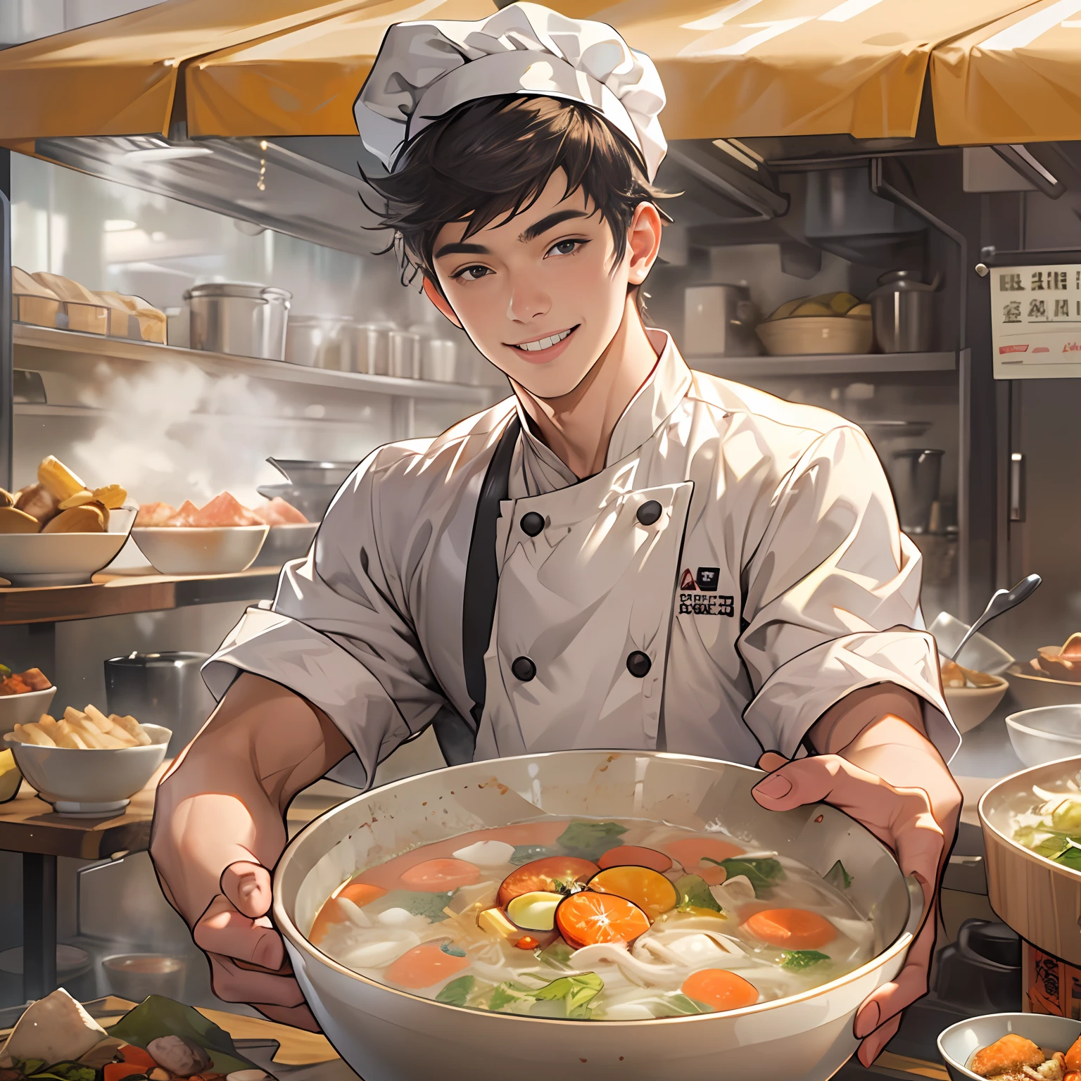 A young handsome male chef stands next to a snack cart，With a smile on his face，Holding a bowl of clear soup in his hand，Detailed close-up of the face，in the style of the stars art group xing xing, 32K, Best quality, Masterpiece, Super detail, High details