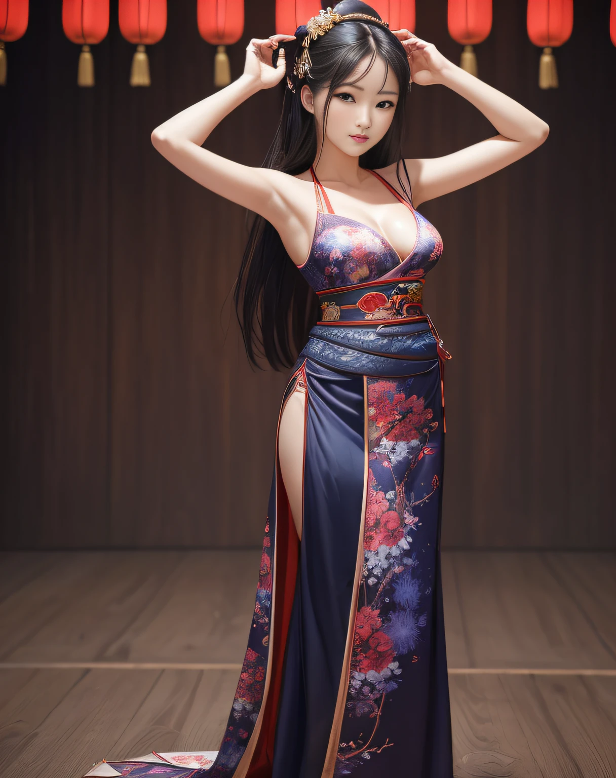 (masterpiece, best quality, beautiful modelshoot:1.4) of a stunning 25yo chinese 1girl, (full body view:1.6), (seductive pose:1.2), breasts:1.2, (armpits focus:1.5), solo:1.5, navel, long black hair, sidebangs, bare shoulders, (perfect face, perfect eyes, insanely beautiful face, perfect hands, beautiful fingers:1.5), (happy smile:1.2), hanfu, (looking at viewer:1.6), (simple background:1.3), colorful, highly detailed, ultra realistic, deep field of depth, (sharp focus:1.6), insanely intricate, 8k