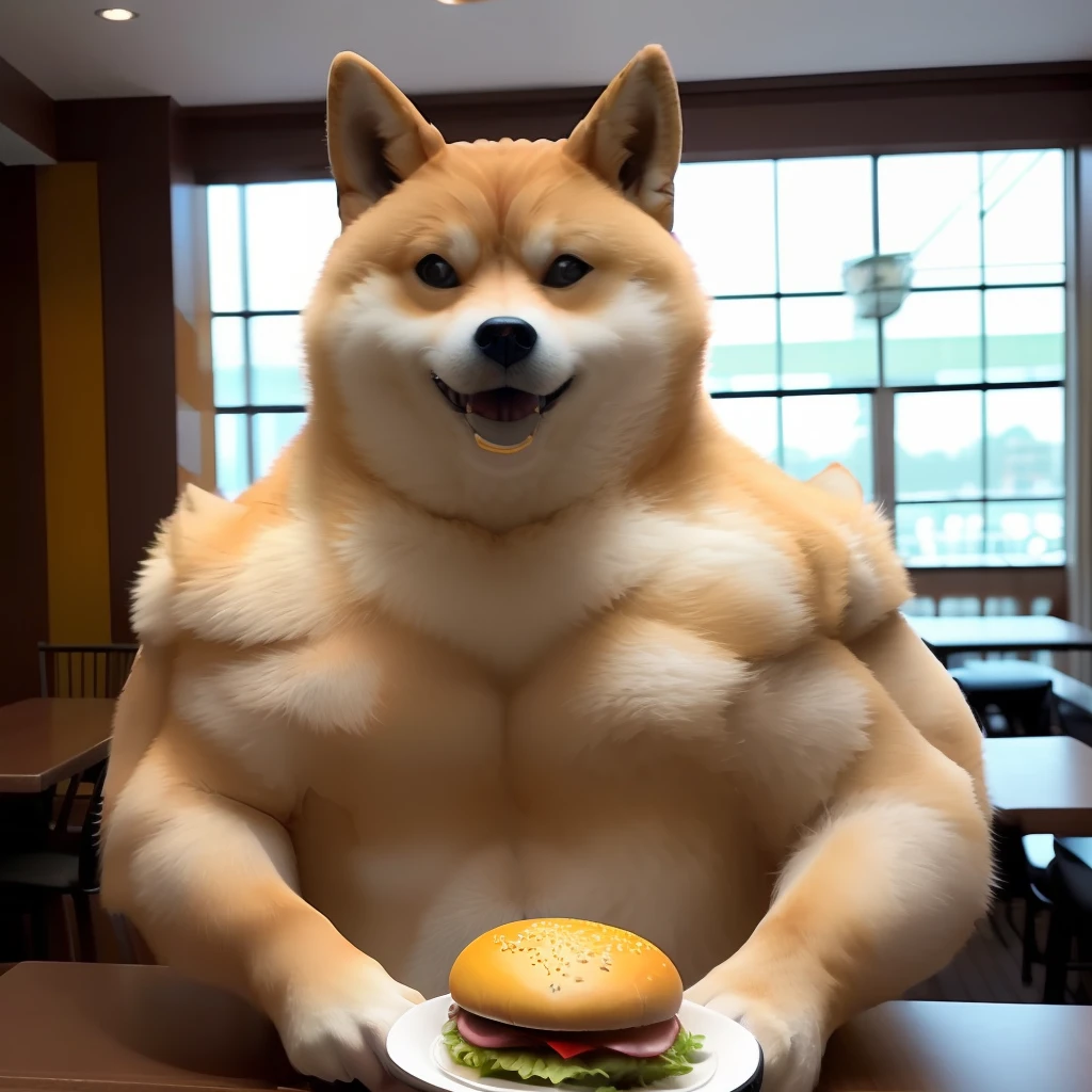 a professional photo of [(((buff Swoledoge))):buff Swoledoge:8], grinning, dog body, eating a large burger in a restaurant, cinematic dramatic light, smooth transition, bokeh