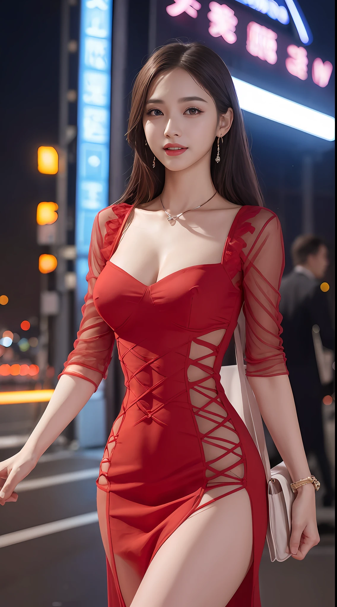 8k, masterpiece, RAW photo, best quality, photorealistic, extremely detailed CG unity 8k wallpaper, Depth of field, Cinematic Light, Lens Flare, Ray tracing, (extremely beautiful face, beautiful lips, beautiful eyes), intricate detail face, ((ultra detailed skin)) 1girl, in the dark, deep shadow, pretty korean girl, kpop idol,(very slim slender fit-muscled body:1.3), ((looking at viewer)),(big smile:1.3), (tight midi dress), (shot sleeve) , (fashion city night, (neon sign), (big building)fashion street night),(no people), vacant city, pretty korean girl, (carrying a hermes bag:1.1),  white diamond earrings, dia bracelets, dia necklace, pantyhose, clear eyes, walking , front shot, (pale skin), face forward, (big eyes), ((upper body shot)), ((Laced)), ((red color dress:1.3)), (looking at viewer:1.3)